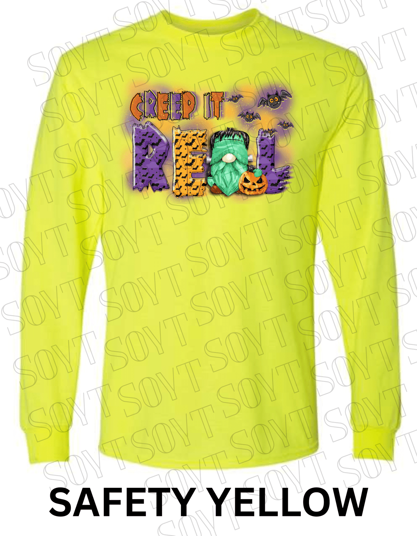 Creep It Real Halloween Long Sleeve – Funny Frankenstein Gnome & Pumpkin Bat Tee - Festive Apparel StoreSafety Yellow
