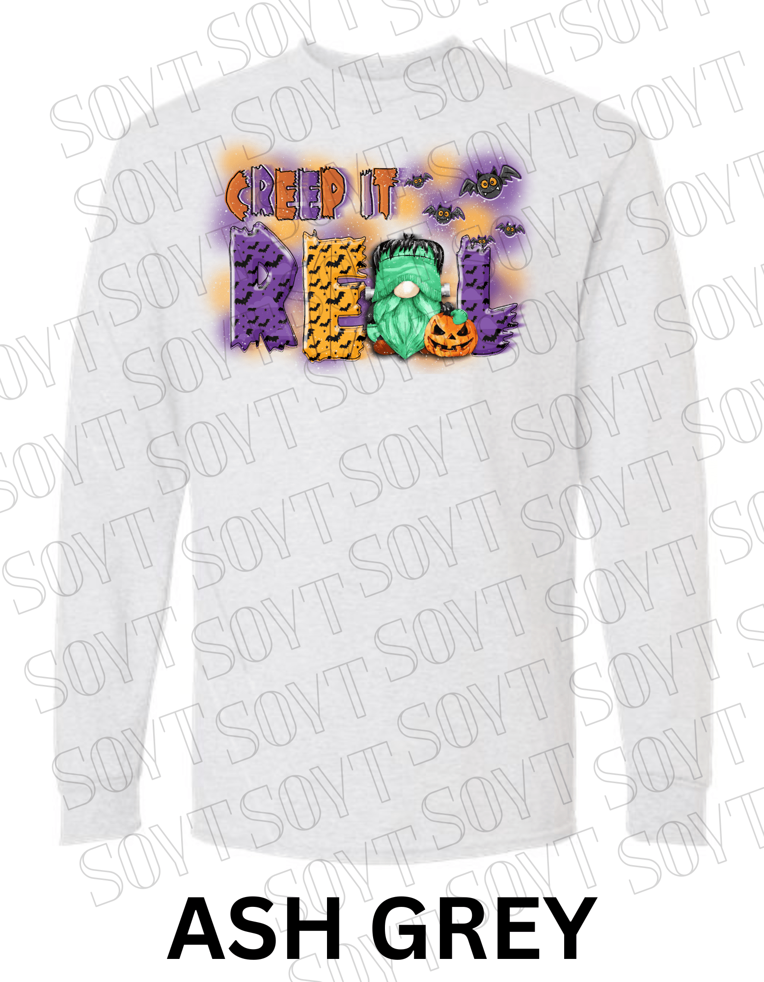 Creep It Real Halloween Long Sleeve – Funny Frankenstein Gnome & Pumpkin Bat Tee - Festive Apparel StoreAsh Gray