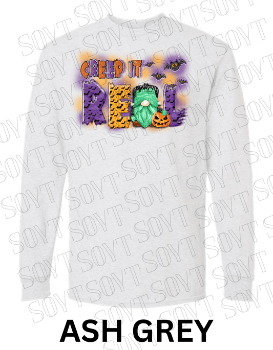 Creep It Real Halloween Long Sleeve – Funny Frankenstein Gnome & Pumpkin Bat Tee - Festive Apparel StoreAsh Gray