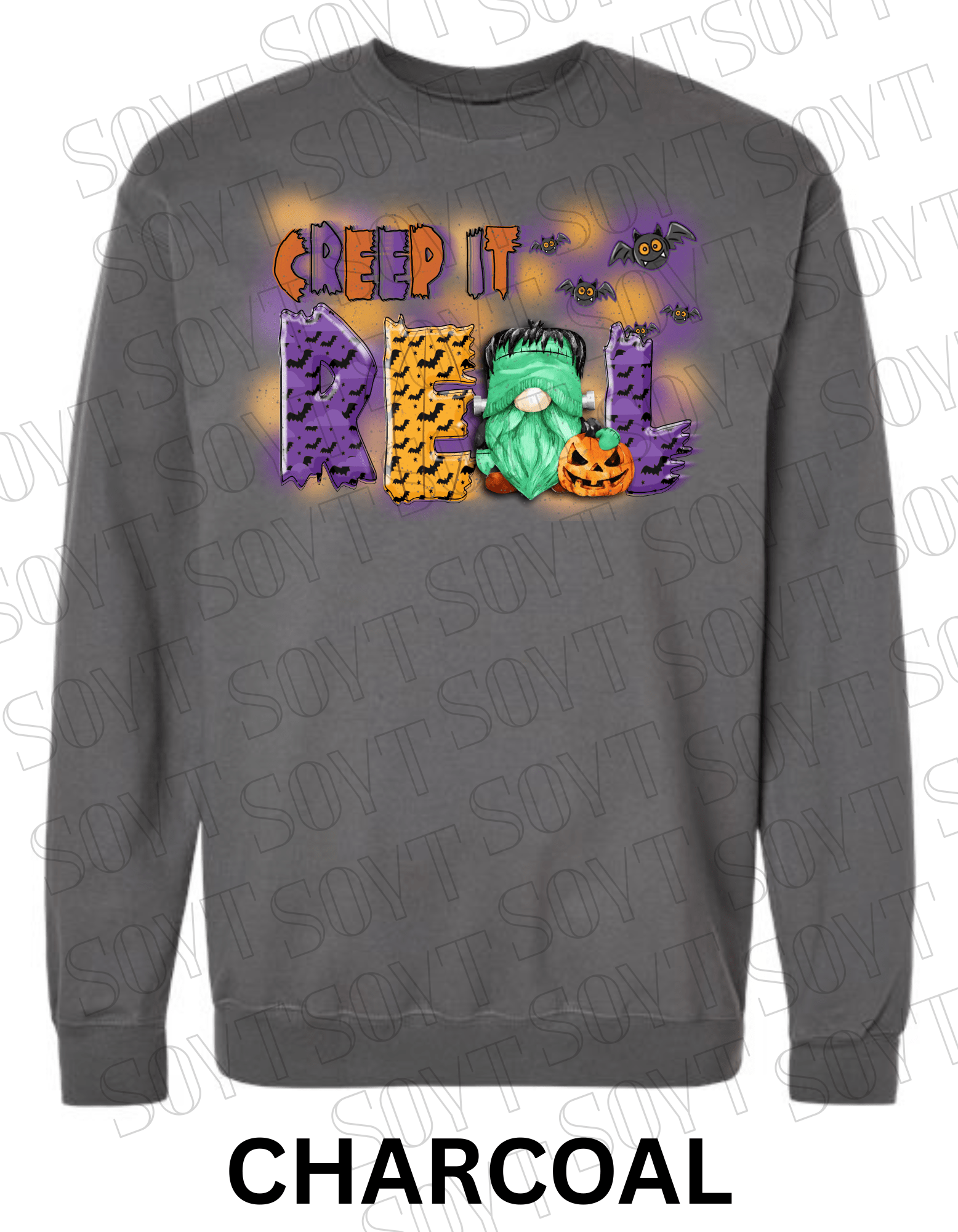 Creep It Real Halloween Sweatshirt – Frankenstein Gnome & Pumpkin Fleece Pullover - Festive Apparel StoreCharcoal