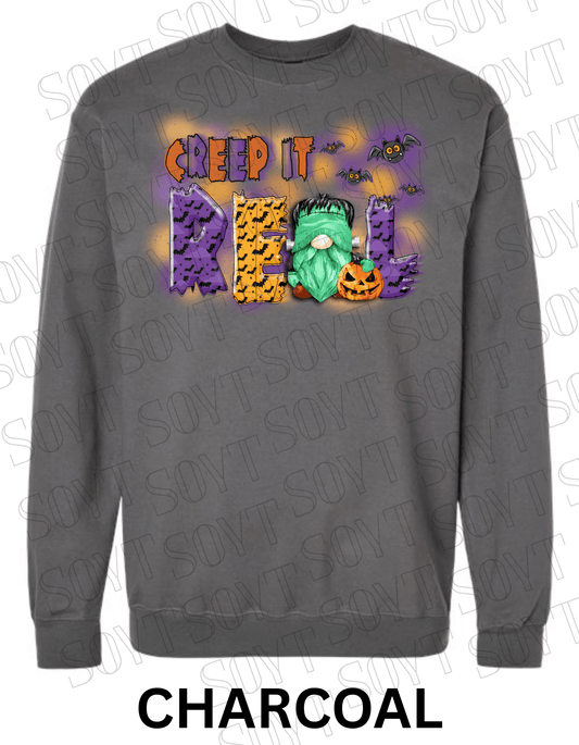 Creep It Real Halloween Sweatshirt – Frankenstein Gnome & Pumpkin Fleece Pullover - Festive Apparel StoreCharcoal