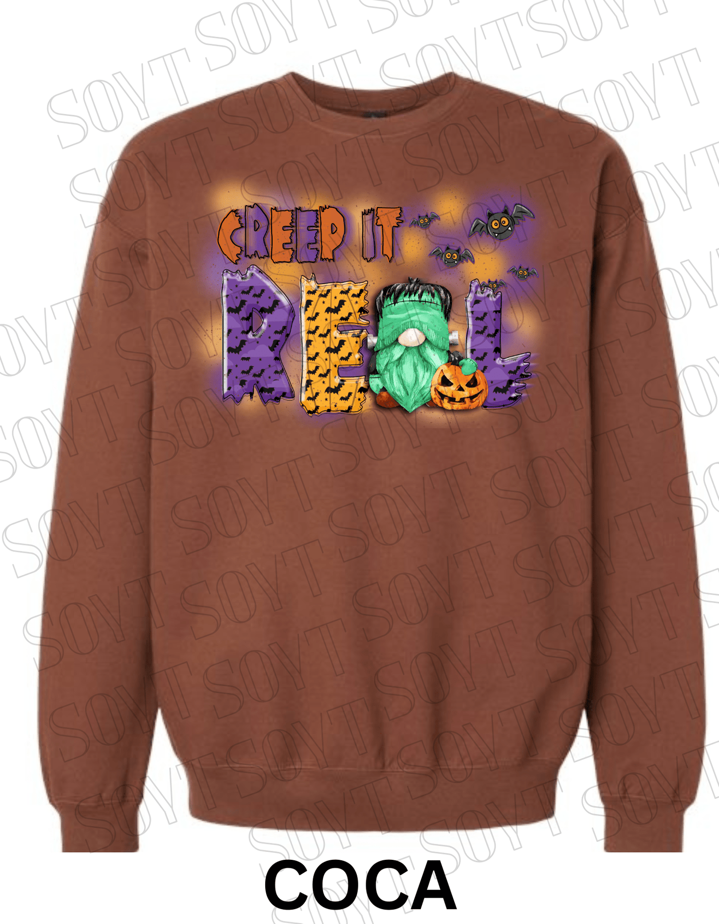 Creep It Real Halloween Sweatshirt – Frankenstein Gnome & Pumpkin Fleece Pullover - Festive Apparel StoreCocoa Brown