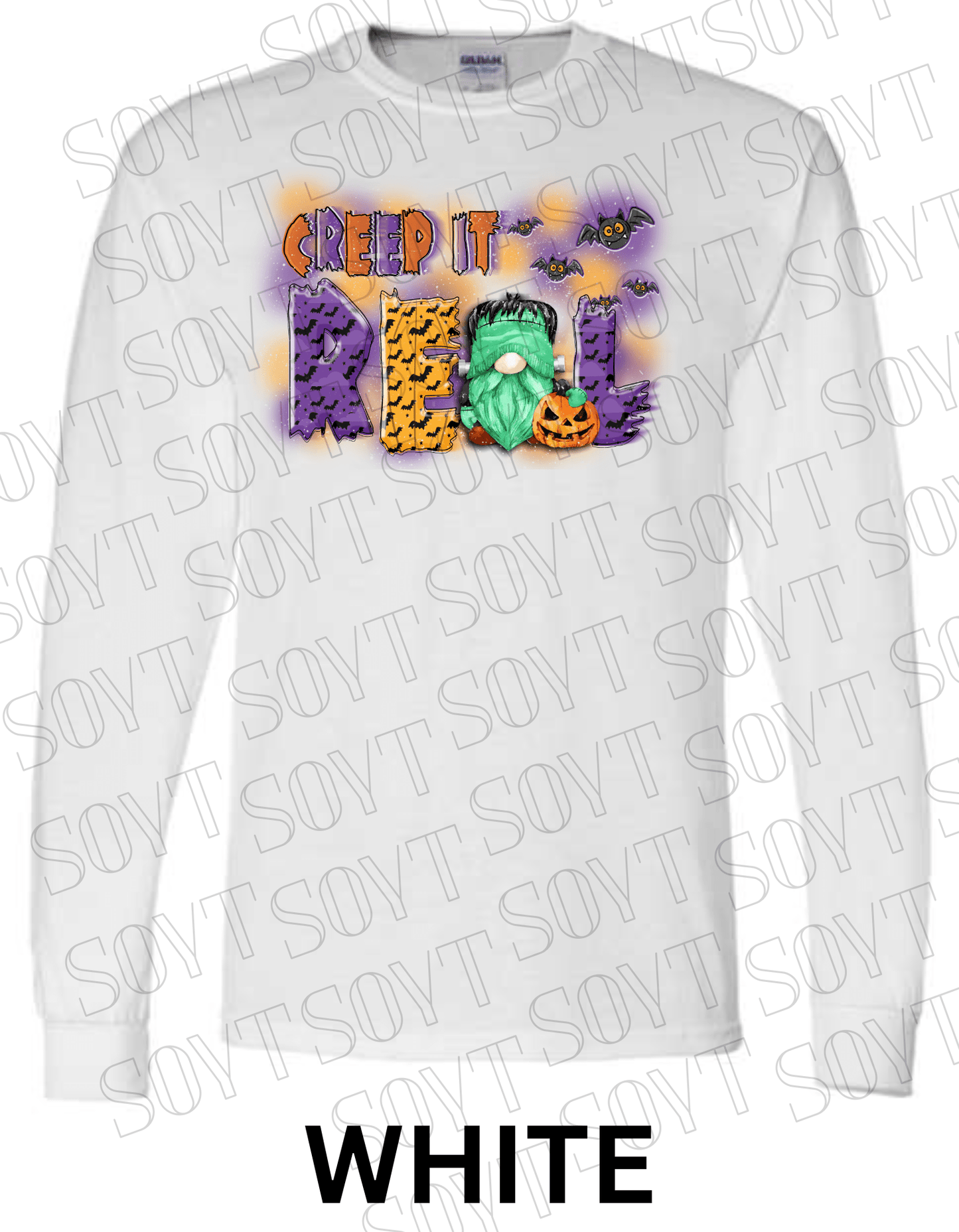 Creep It Real Halloween Sweatshirt – Frankenstein Gnome & Pumpkin Fleece Pullover - Festive Apparel StoreWhite