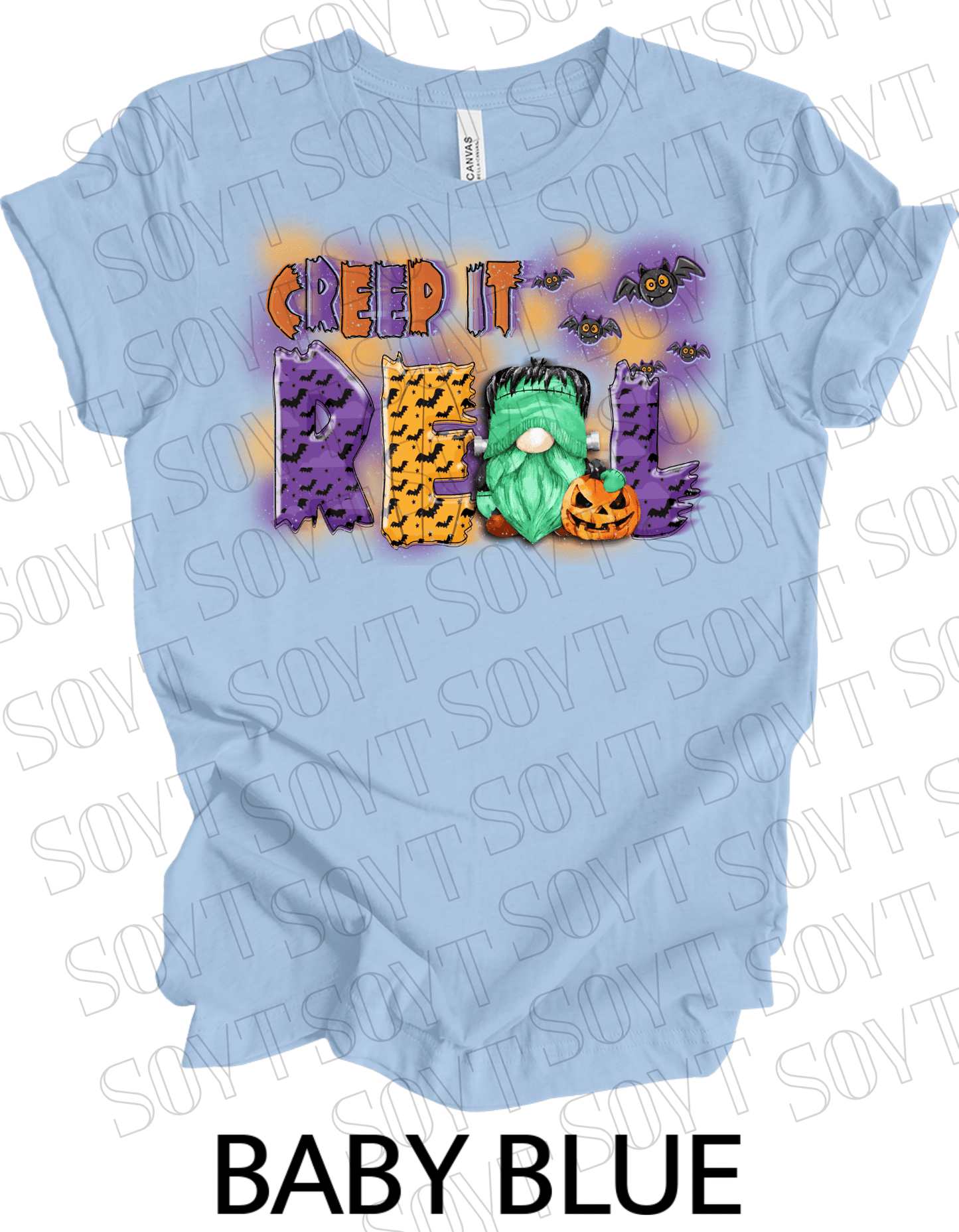 Creep It Real Halloween T-Shirt – Frankenstein Gnome & Pumpkin Bat Graphic Tee - Festive Apparel StoreBaby Blue