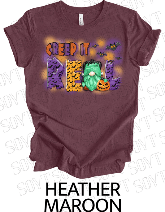 Creep It Real Halloween T-Shirt – Frankenstein Gnome & Pumpkin Bat Graphic Tee - Festive Apparel StoreHeather Maroon