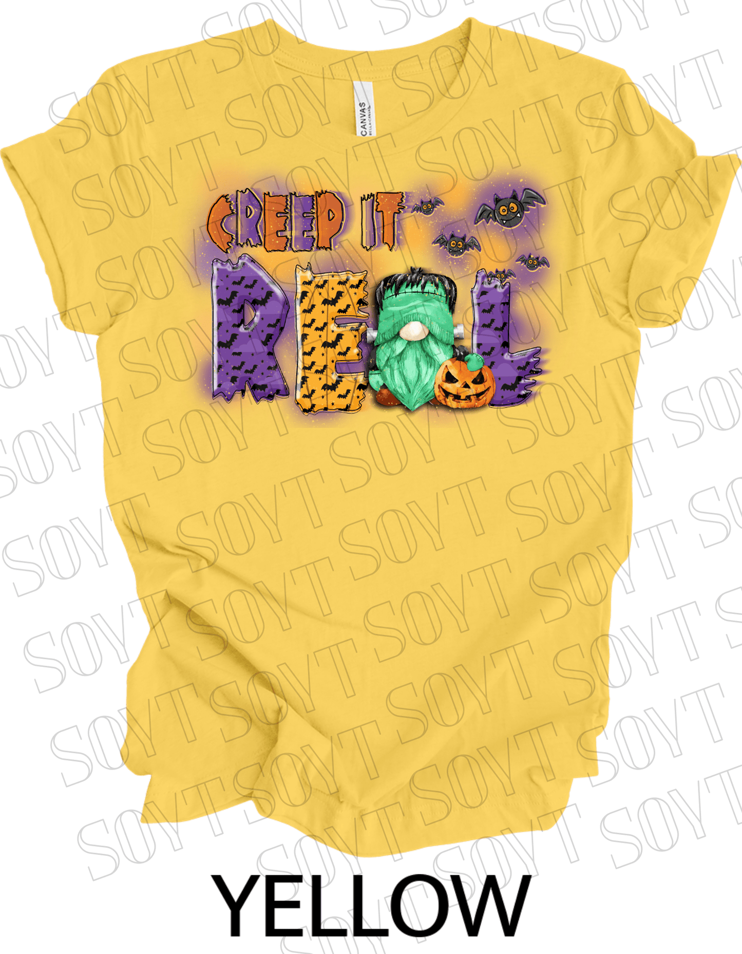 Creep It Real Halloween T-Shirt – Frankenstein Gnome & Pumpkin Bat Graphic Tee - Festive Apparel StoreYellow