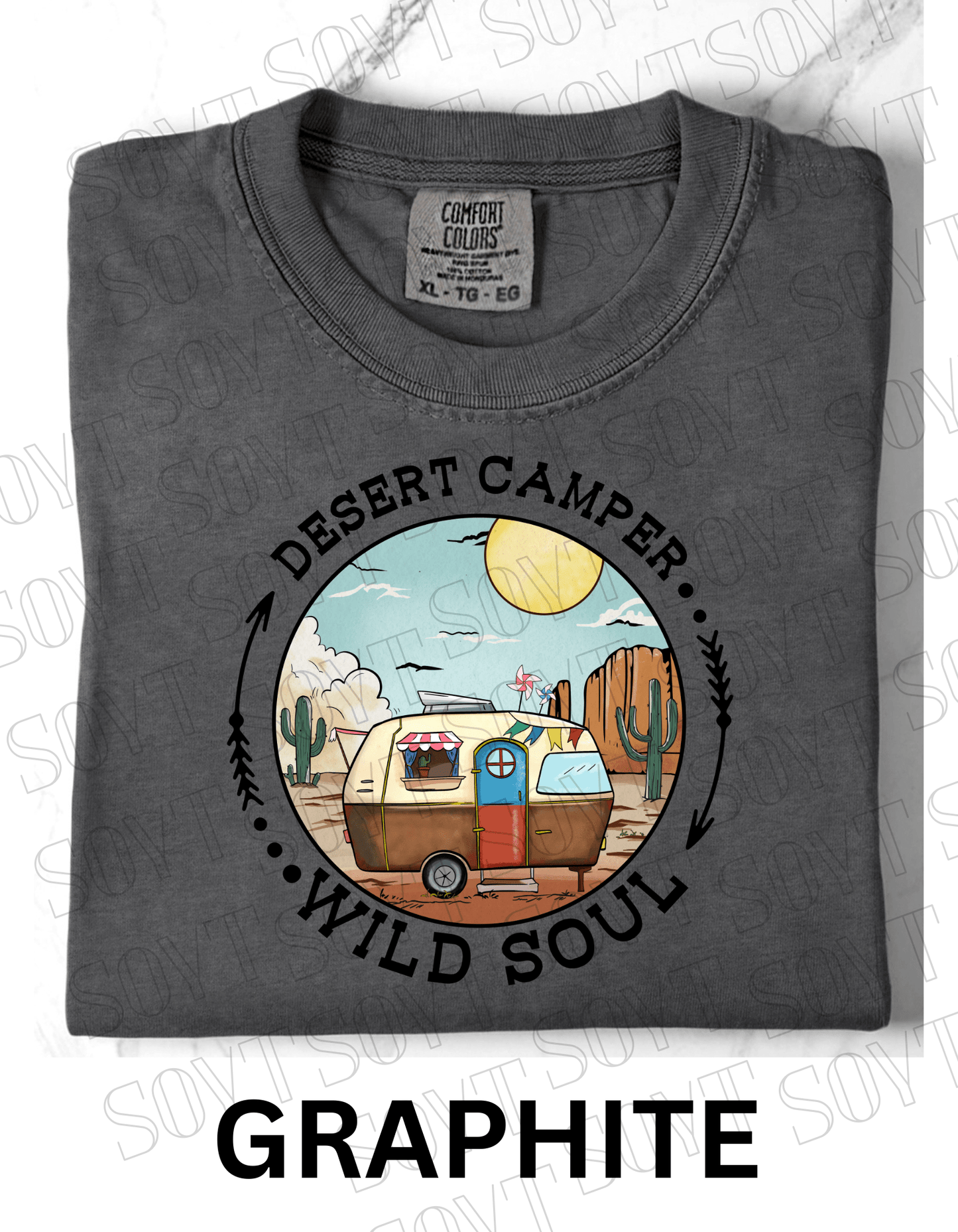 Desert Camper Wild Soul T-Shirt – Vintage Boho RV & Cactus Graphic Tee - Festive Apparel StoreGraphite