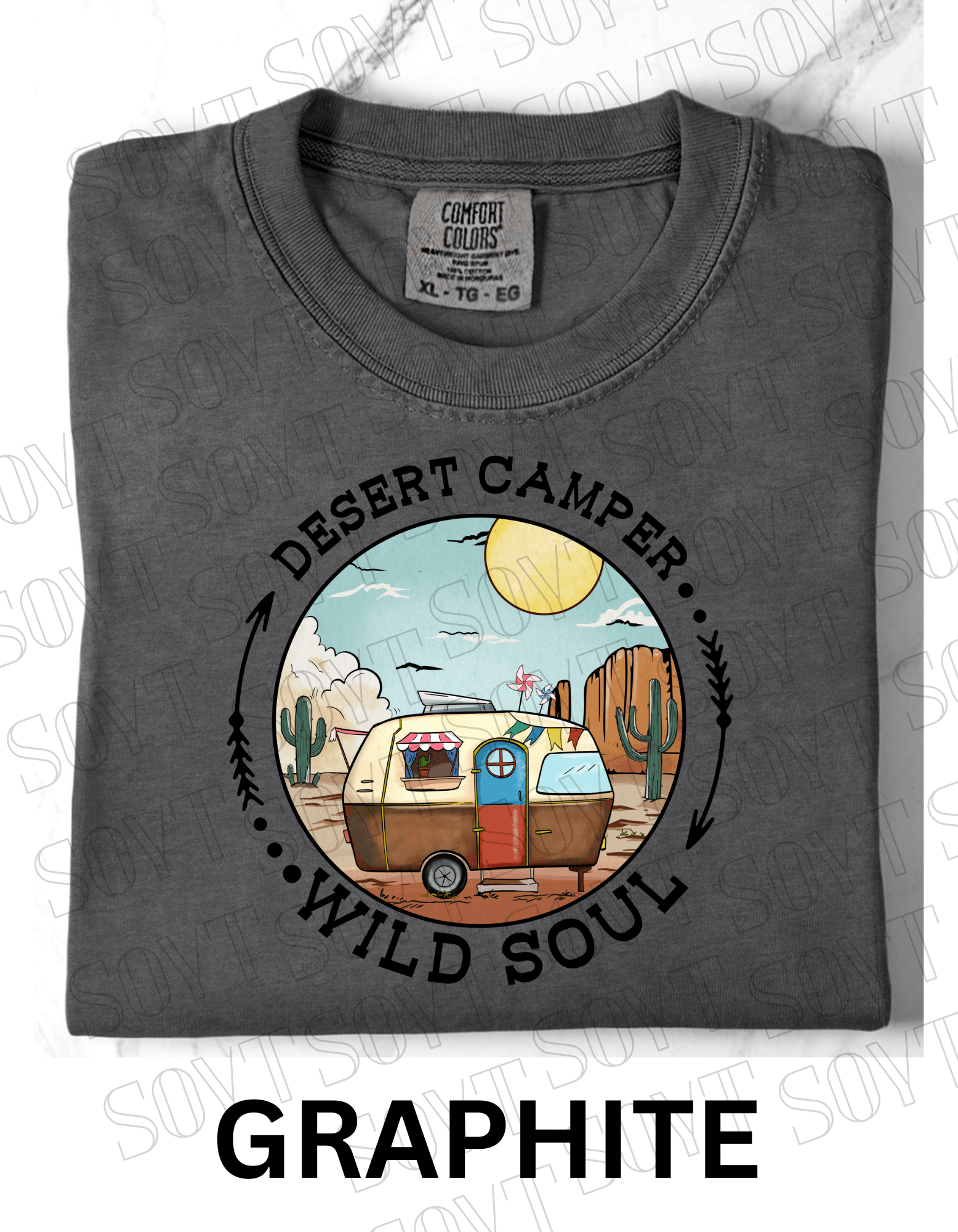 Desert Camper Wild Soul T-Shirt – Vintage Boho RV & Cactus Graphic Tee - Festive Apparel StoreGraphite