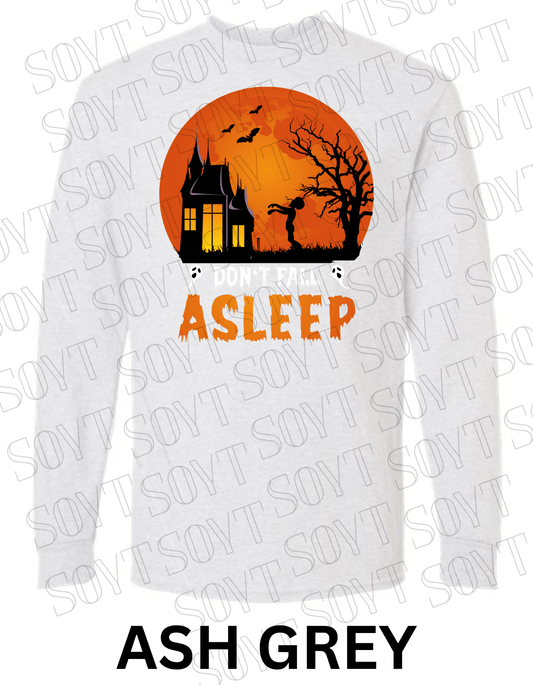 "Don’t Fall Asleep" Halloween Long Sleeve Shirt – Zombie Girl & Haunted House Horror Graphic Tee - Festive Apparel StoreAsh Gray