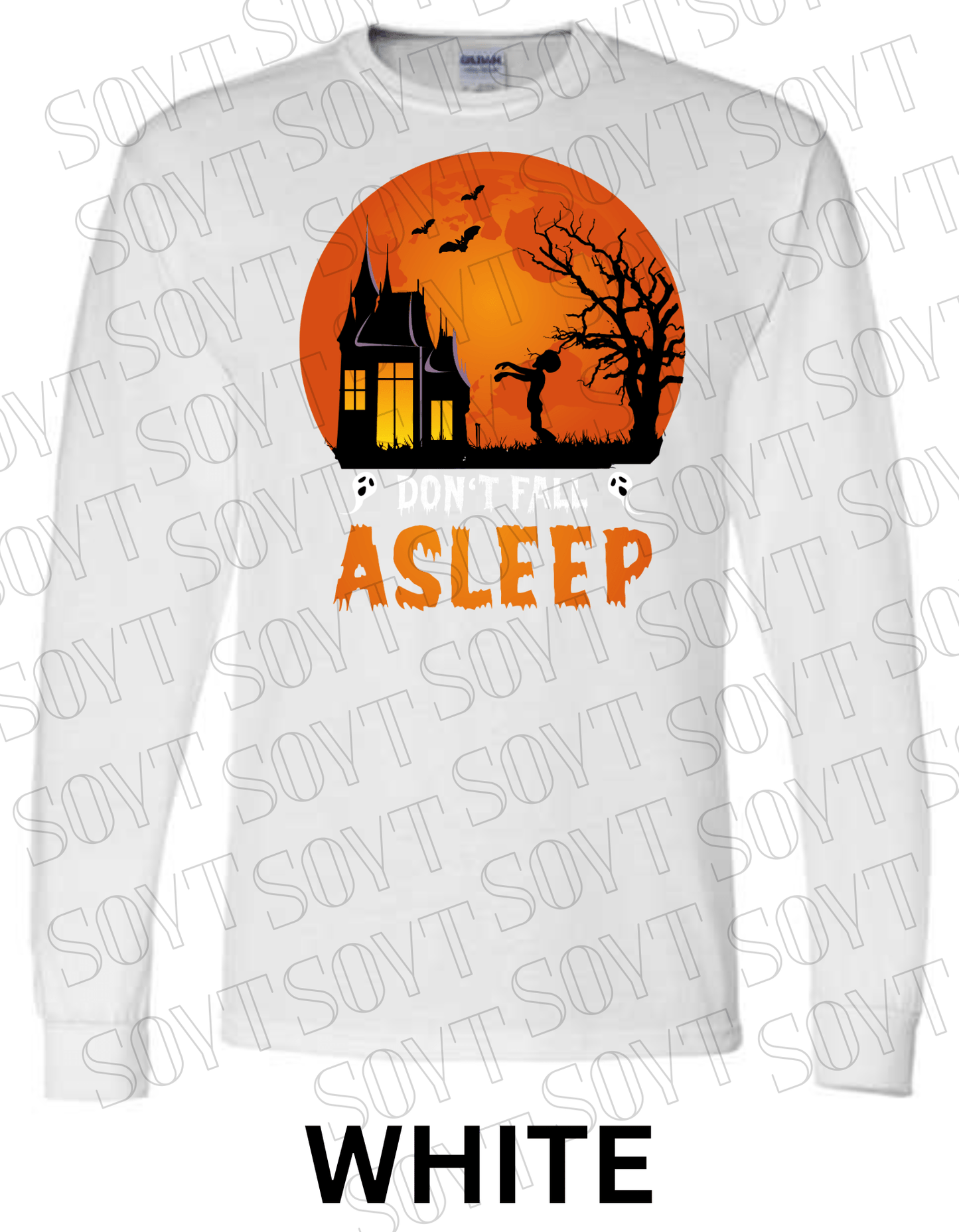 "Don’t Fall Asleep" Halloween Long Sleeve Shirt – Zombie Girl & Haunted House Horror Graphic Tee - Festive Apparel StoreWhite
