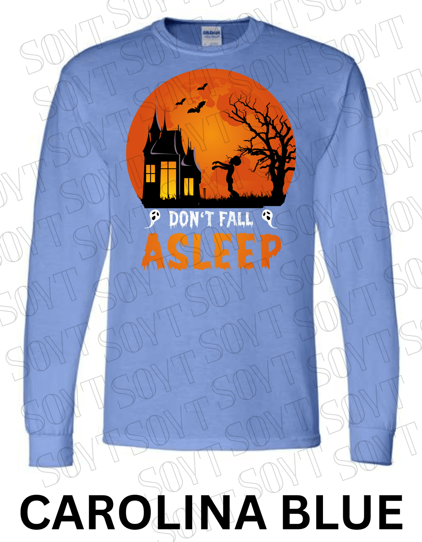 "Don’t Fall Asleep" Halloween Long Sleeve Shirt – Zombie Girl & Haunted House Horror Graphic Tee - Festive Apparel StoreCarolina Blue