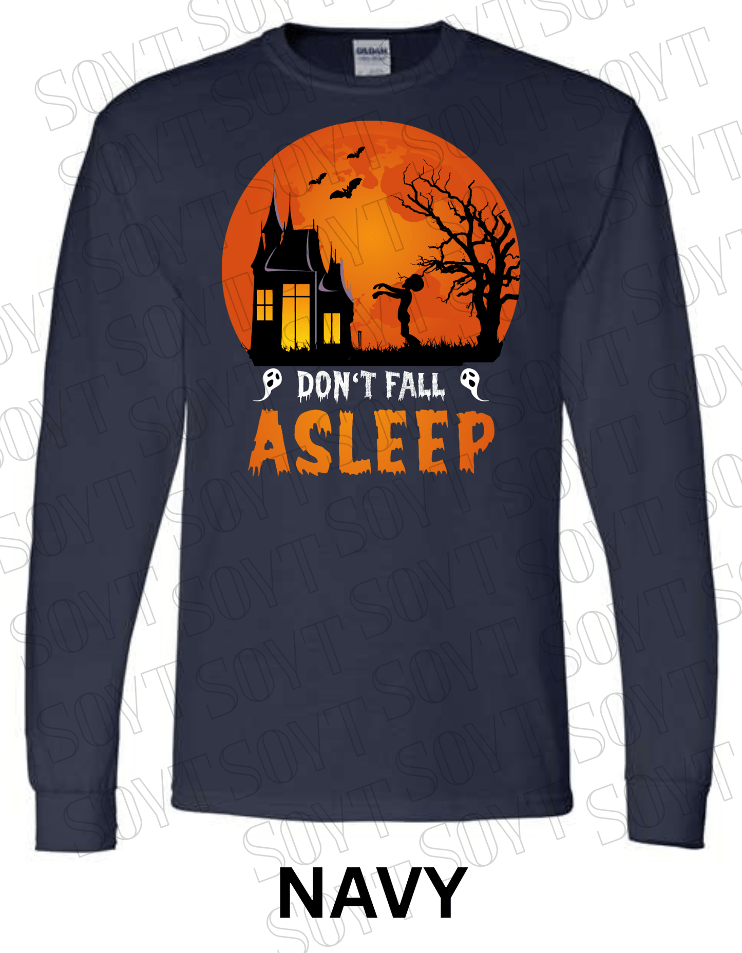"Don’t Fall Asleep" Halloween Long Sleeve Shirt – Zombie Girl & Haunted House Horror Graphic Tee - Festive Apparel StoreNavy Blue
