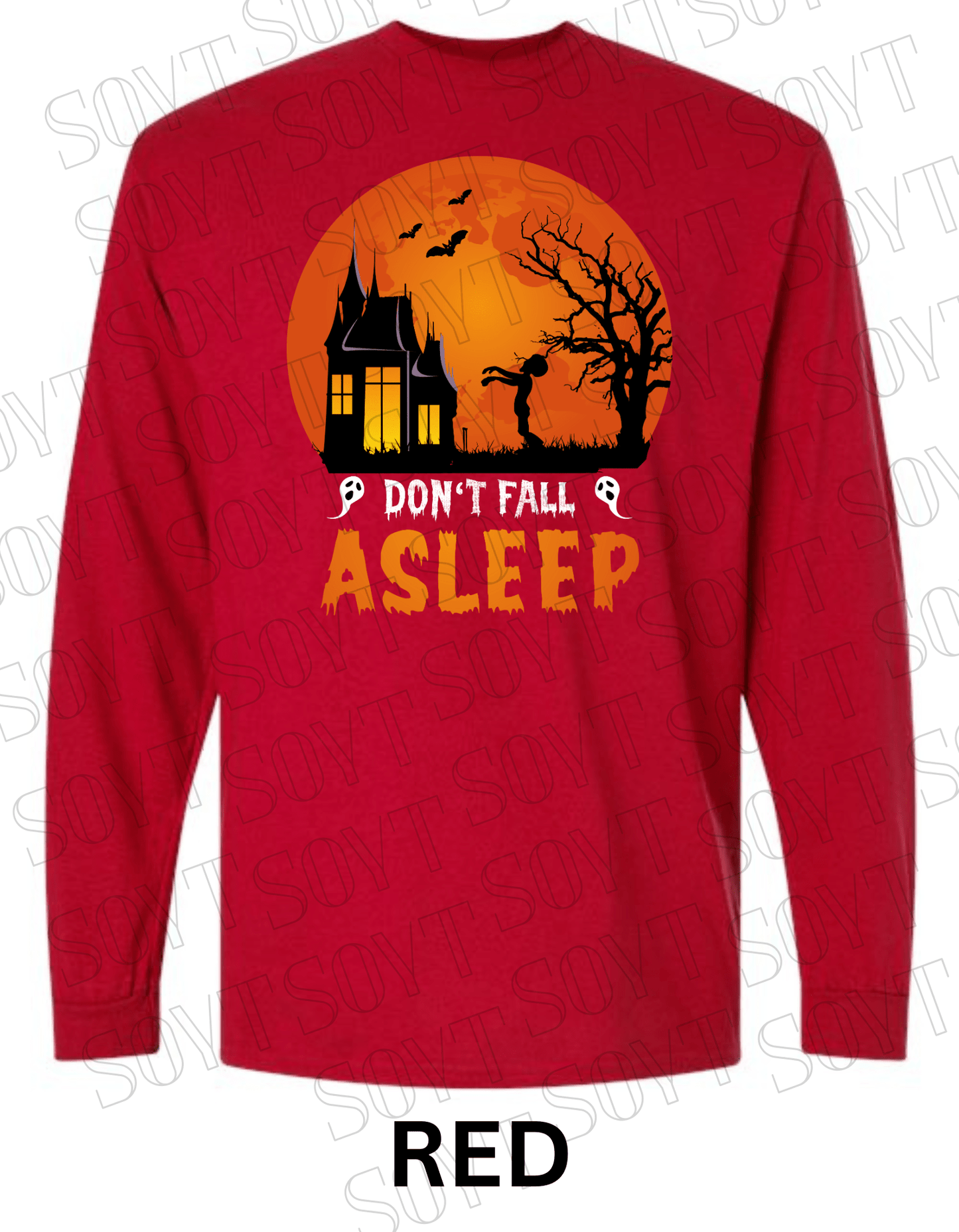 "Don’t Fall Asleep" Halloween Long Sleeve Shirt – Zombie Girl & Haunted House Horror Graphic Tee - Festive Apparel StoreRed