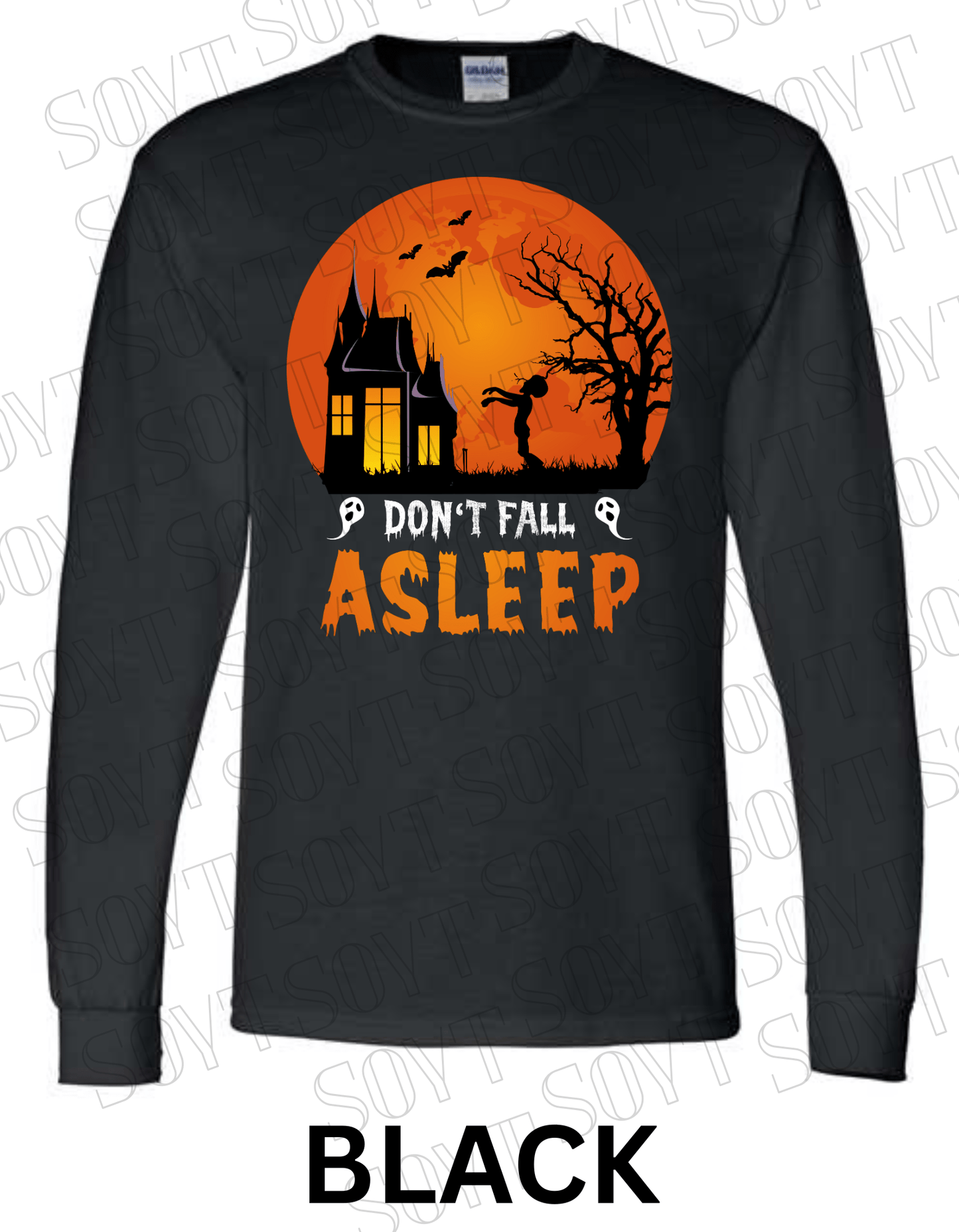 "Don’t Fall Asleep" Halloween Long Sleeve Shirt – Zombie Girl & Haunted House Horror Graphic Tee - Festive Apparel StoreBlack