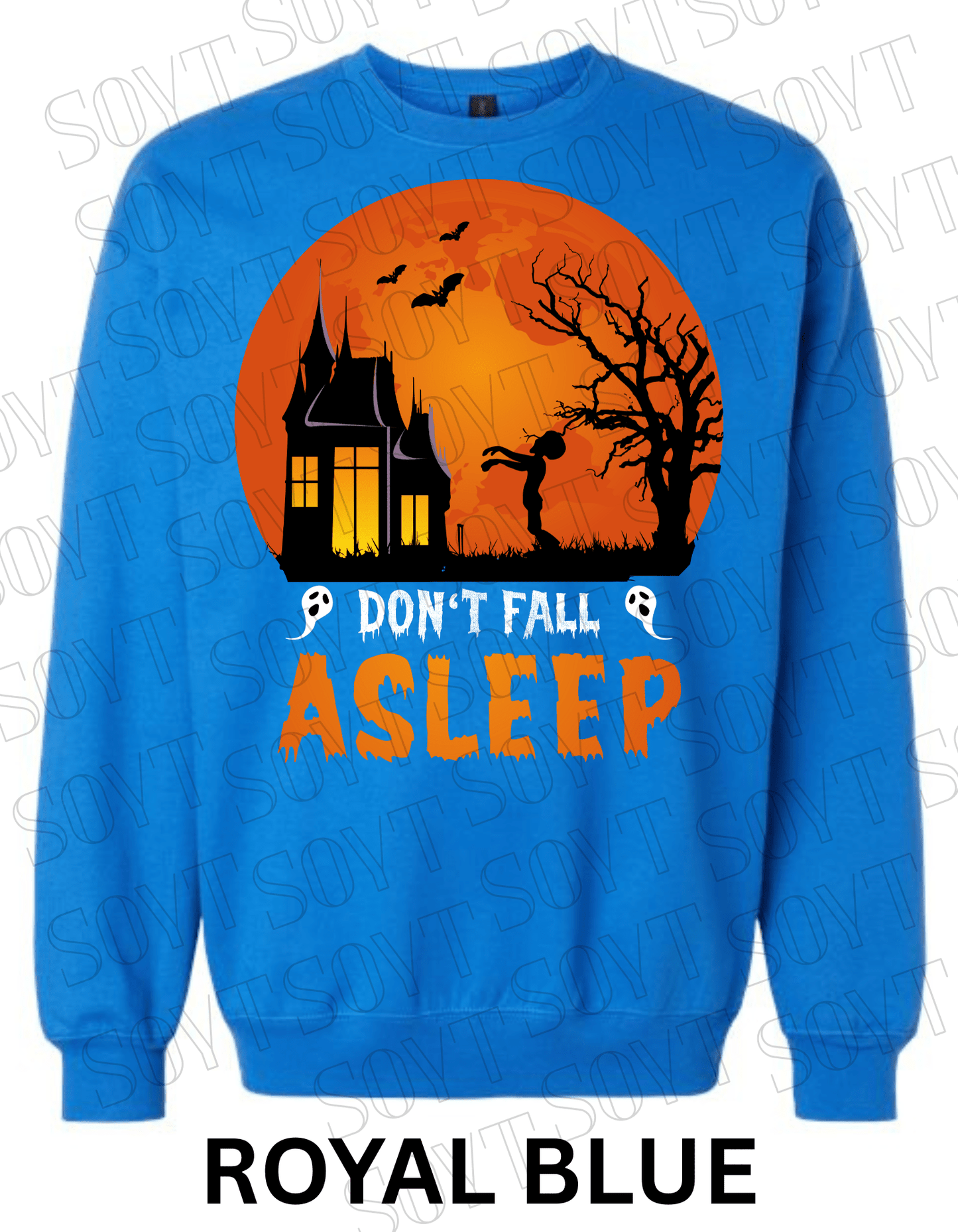 "Don’t Fall Asleep" Halloween Sweatshirt – Cozy Haunted House & Zombie Girl Graphic Pullover - Festive Apparel StoreRoyal Blue