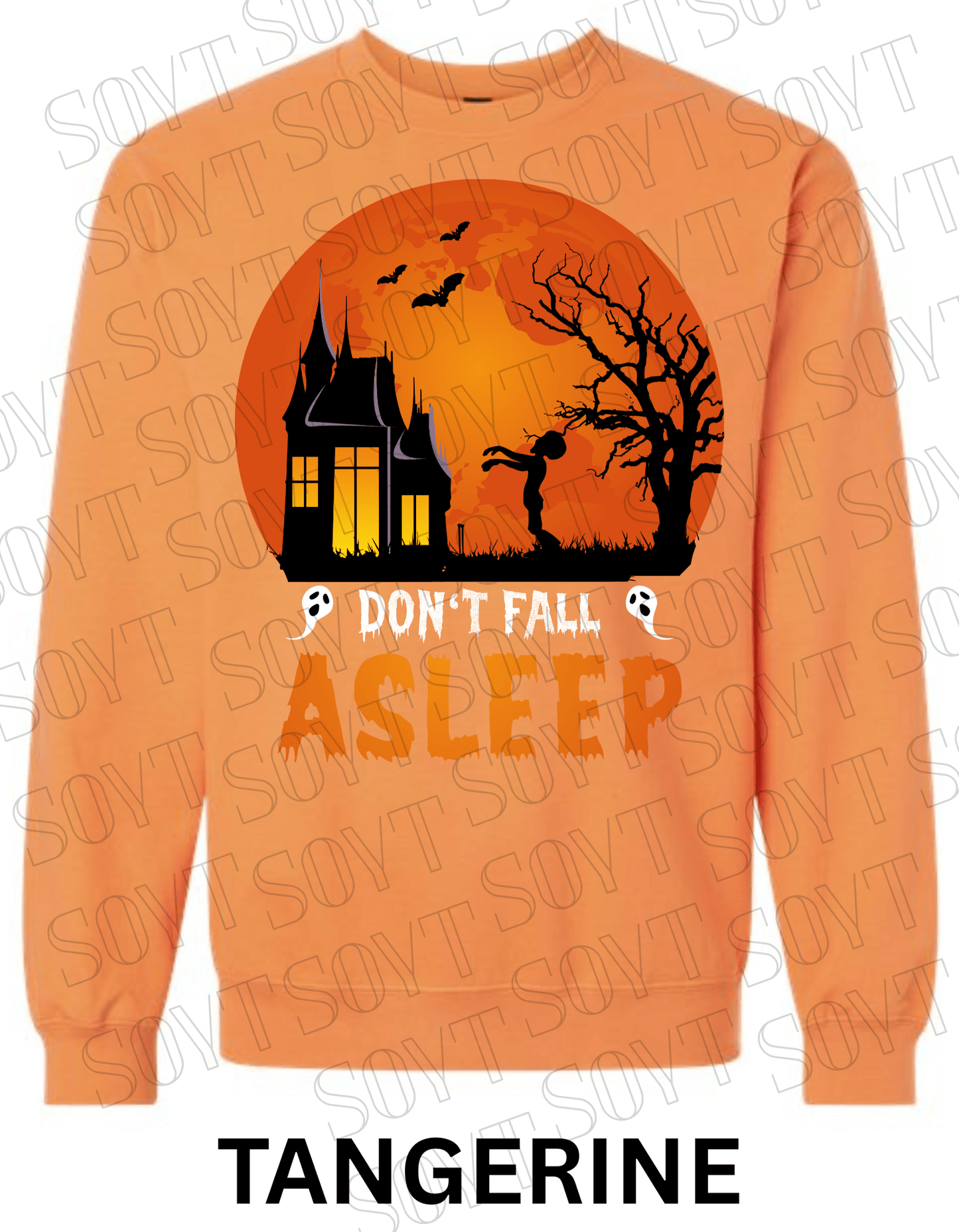"Don’t Fall Asleep" Halloween Sweatshirt – Cozy Haunted House & Zombie Girl Graphic Pullover - Festive Apparel StoreTangerine