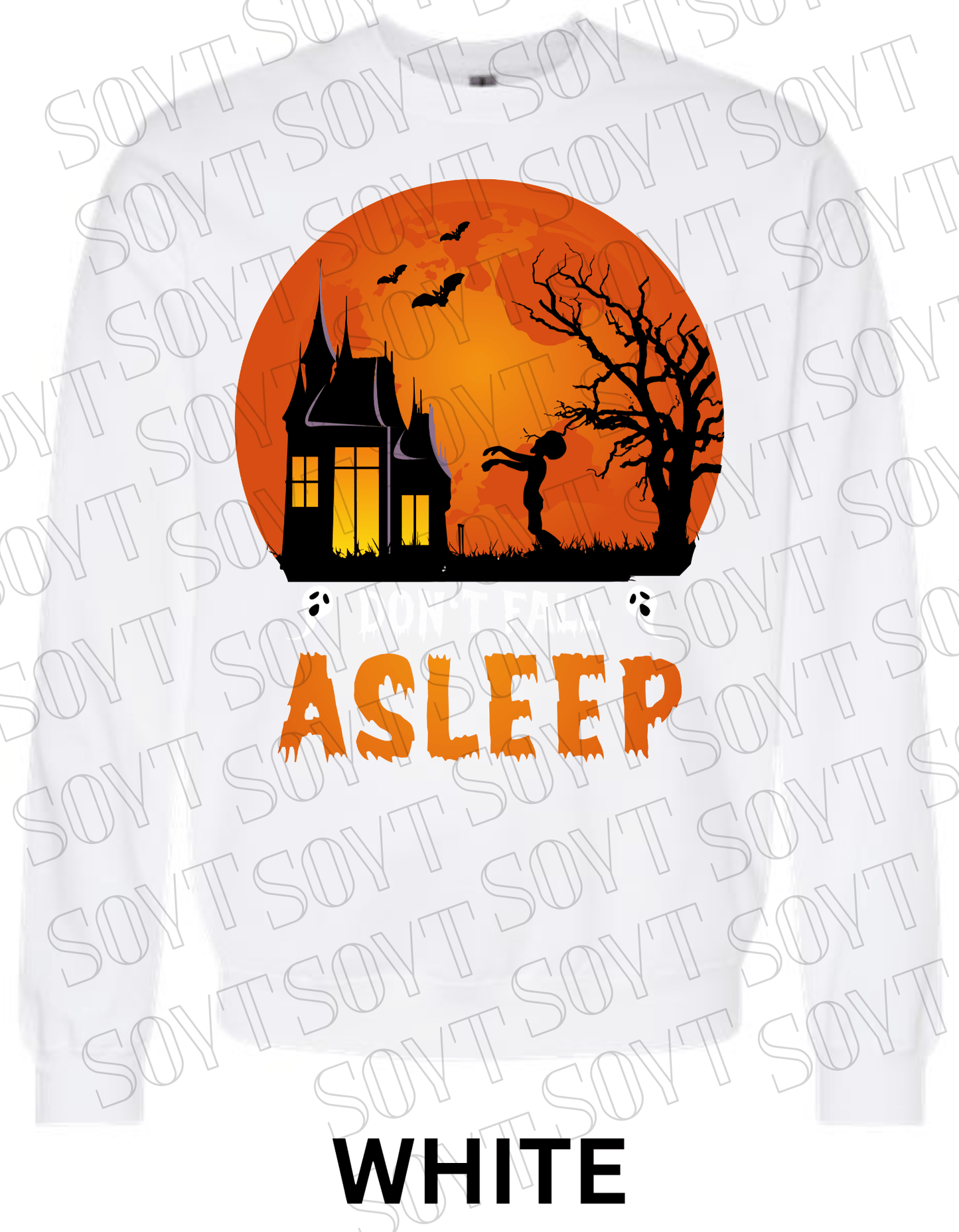 "Don’t Fall Asleep" Halloween Sweatshirt – Cozy Haunted House & Zombie Girl Graphic Pullover - Festive Apparel StoreWhite