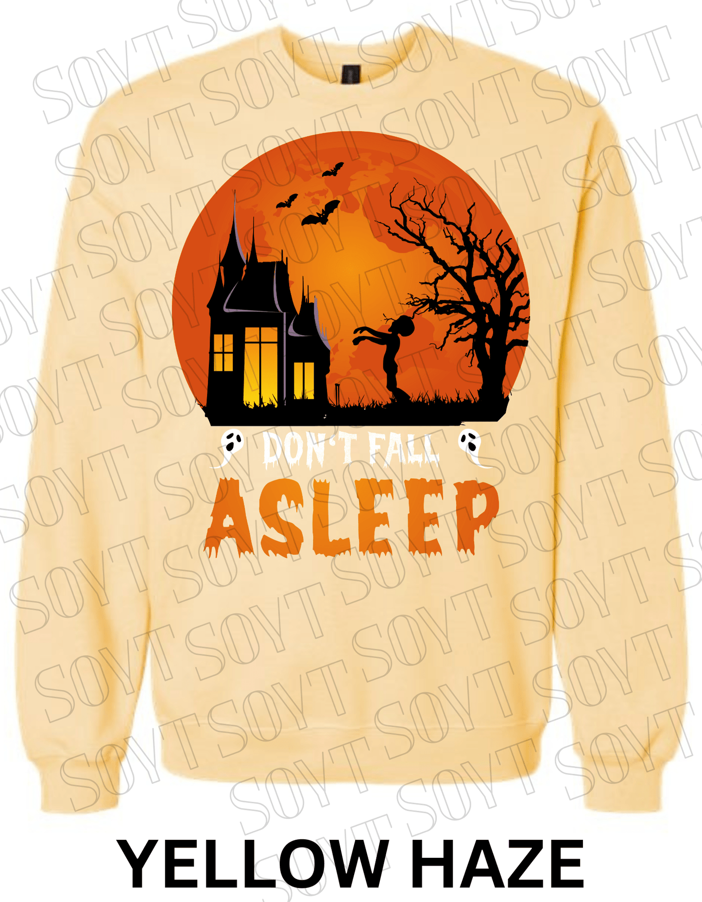 "Don’t Fall Asleep" Halloween Sweatshirt – Cozy Haunted House & Zombie Girl Graphic Pullover - Festive Apparel StoreYellow Haze