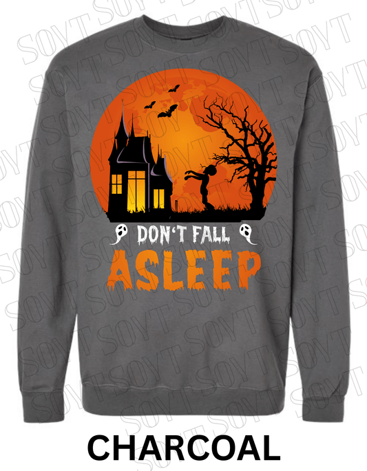 "Don’t Fall Asleep" Halloween Sweatshirt – Cozy Haunted House & Zombie Girl Graphic Pullover - Festive Apparel StoreCharcoal