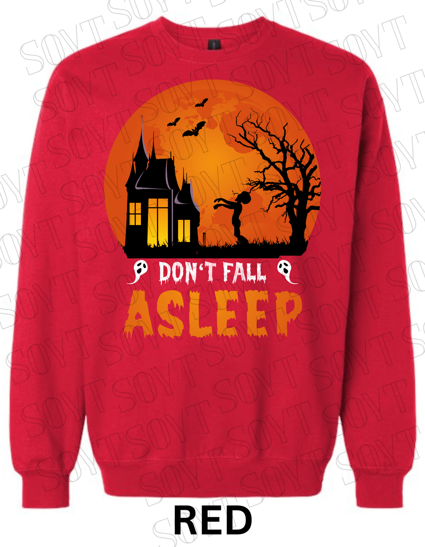 "Don’t Fall Asleep" Halloween Sweatshirt – Cozy Haunted House & Zombie Girl Graphic Pullover - Festive Apparel StoreRed