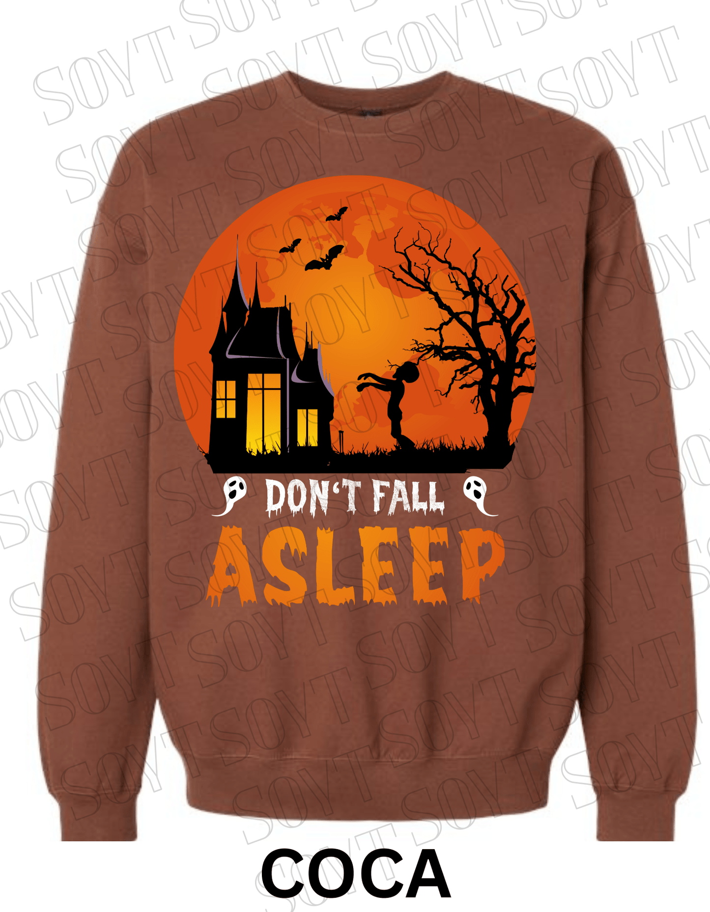 "Don’t Fall Asleep" Halloween Sweatshirt – Cozy Haunted House & Zombie Girl Graphic Pullover - Festive Apparel StoreCocoa Brown