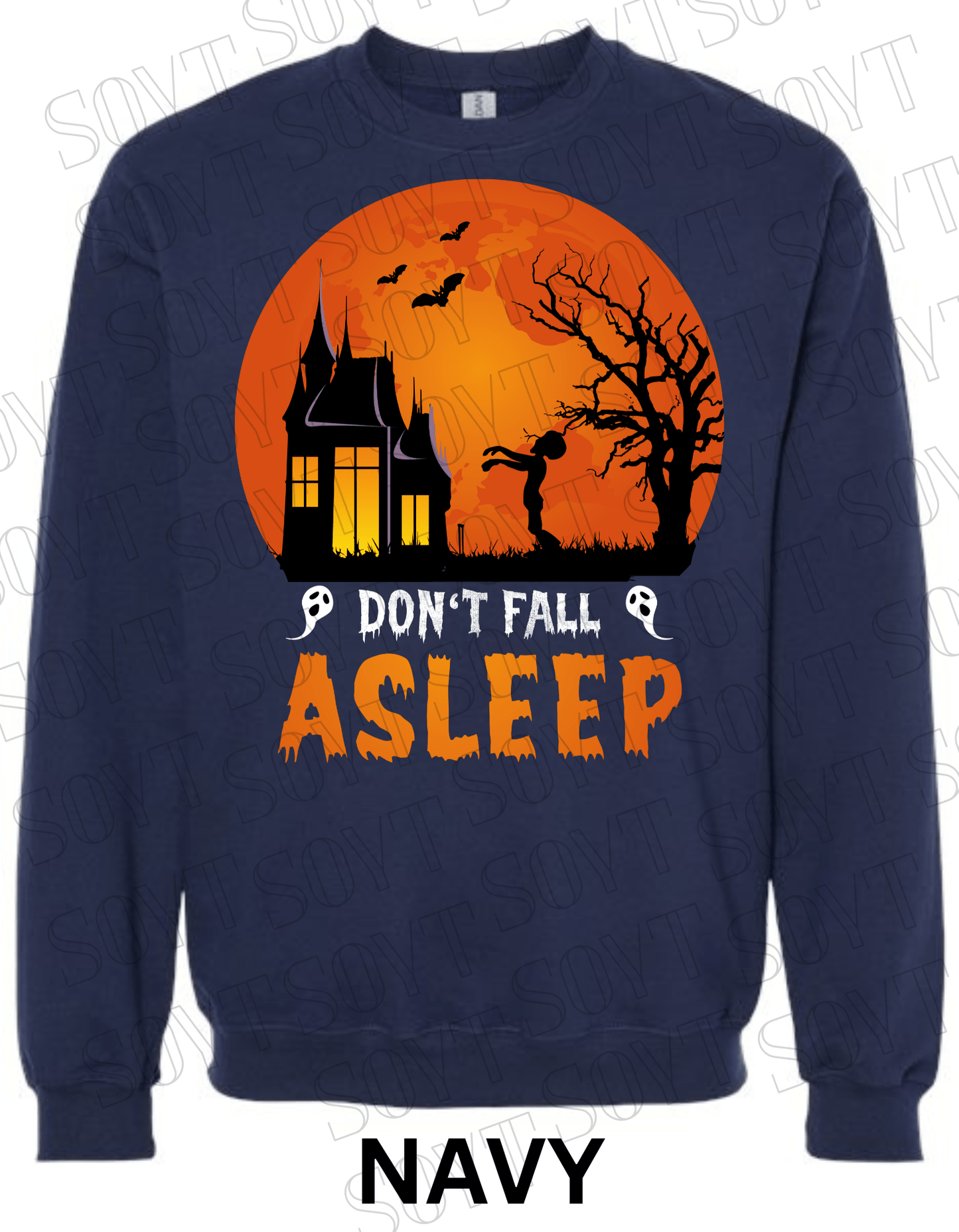 "Don’t Fall Asleep" Halloween Sweatshirt – Cozy Haunted House & Zombie Girl Graphic Pullover - Festive Apparel StoreNavy Blue