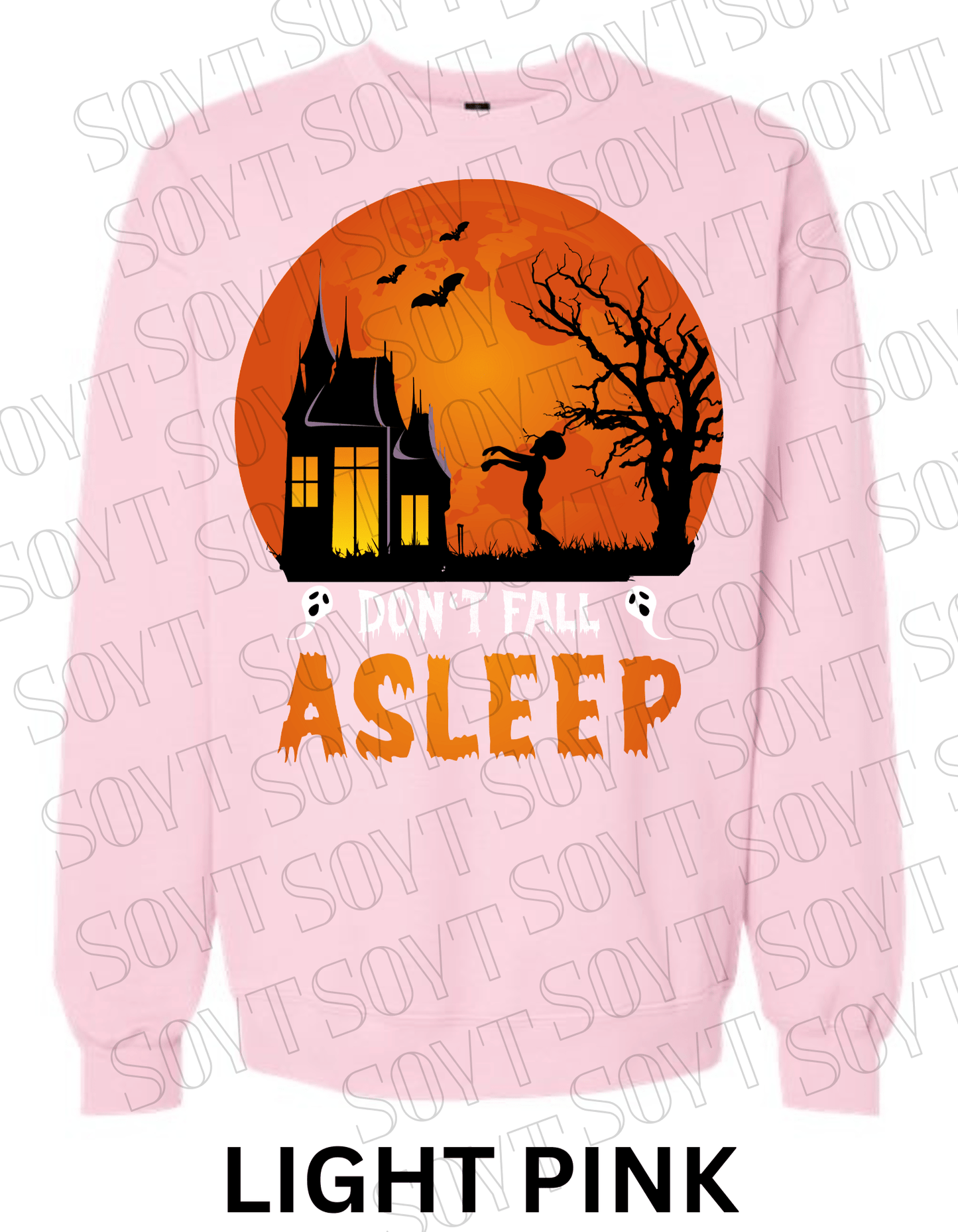 "Don’t Fall Asleep" Halloween Sweatshirt – Cozy Haunted House & Zombie Girl Graphic Pullover - Festive Apparel StoreLight Pink