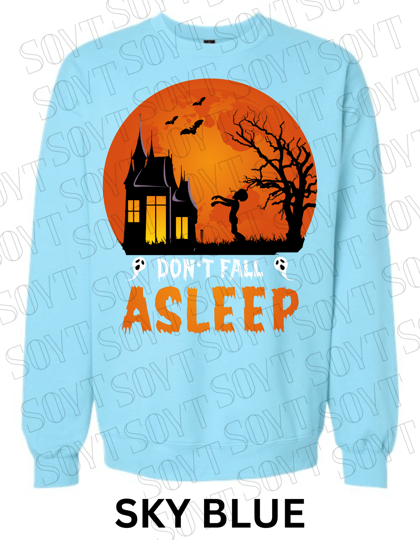 "Don’t Fall Asleep" Halloween Sweatshirt – Cozy Haunted House & Zombie Girl Graphic Pullover - Festive Apparel StoreSky Blue