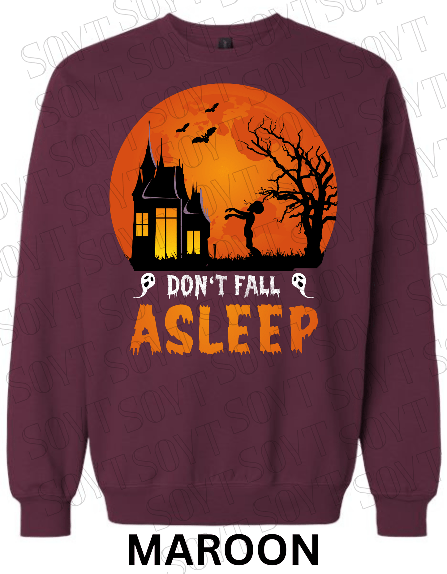 "Don’t Fall Asleep" Halloween Sweatshirt – Cozy Haunted House & Zombie Girl Graphic Pullover - Festive Apparel StoreMaroon
