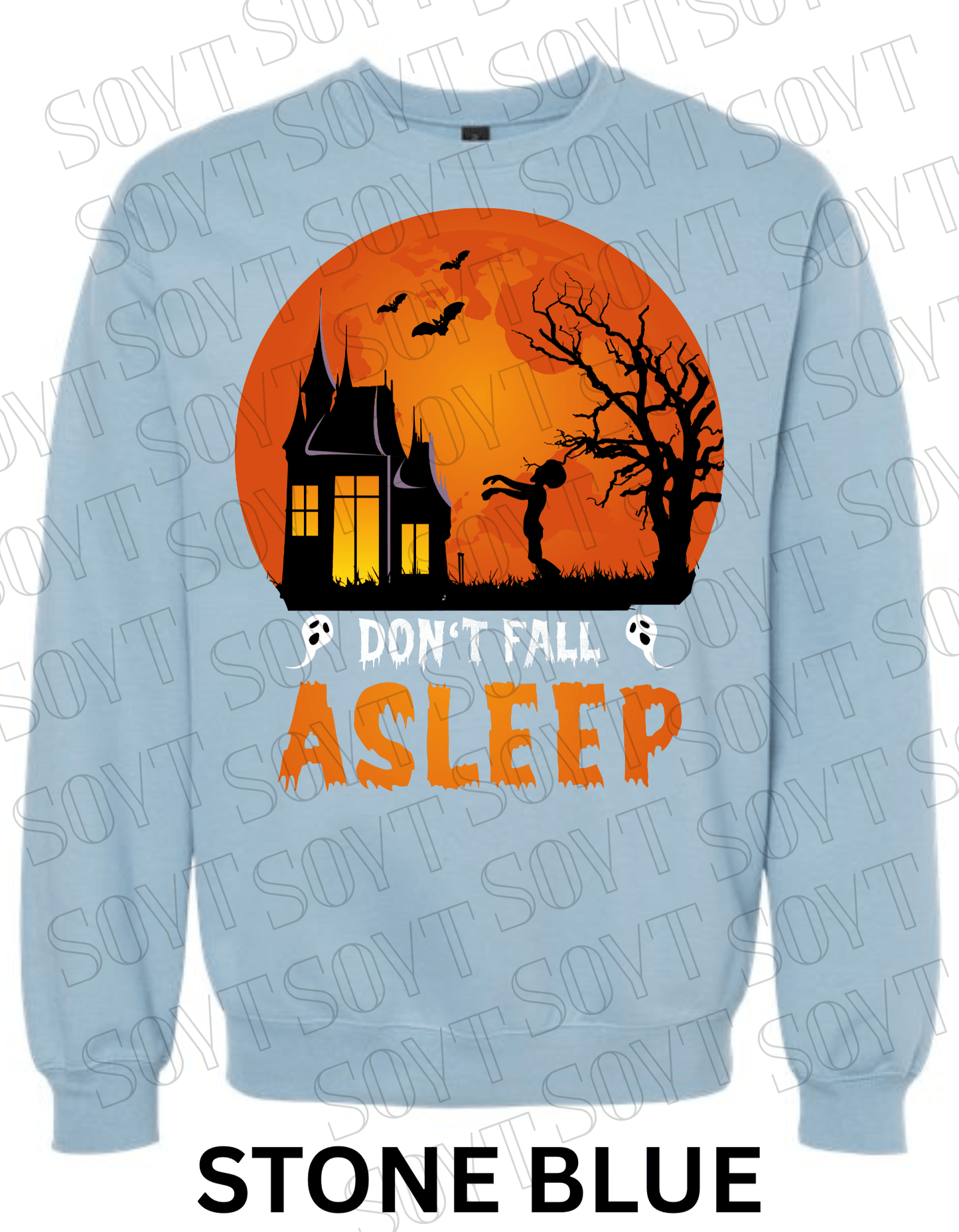 "Don’t Fall Asleep" Halloween Sweatshirt – Cozy Haunted House & Zombie Girl Graphic Pullover - Festive Apparel StoreStone Blue
