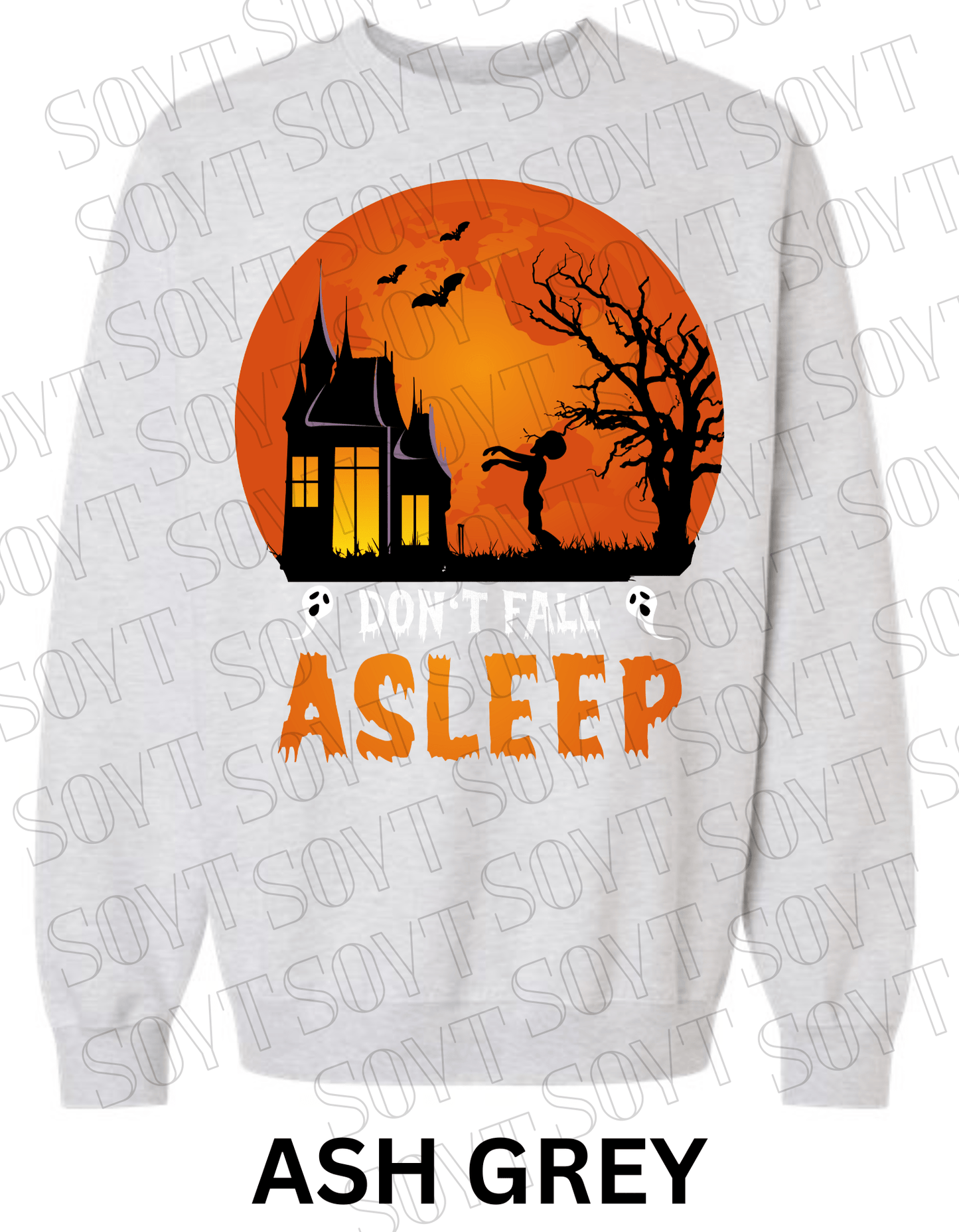 "Don’t Fall Asleep" Halloween Sweatshirt – Cozy Haunted House & Zombie Girl Graphic Pullover - Festive Apparel StoreAsh Grey