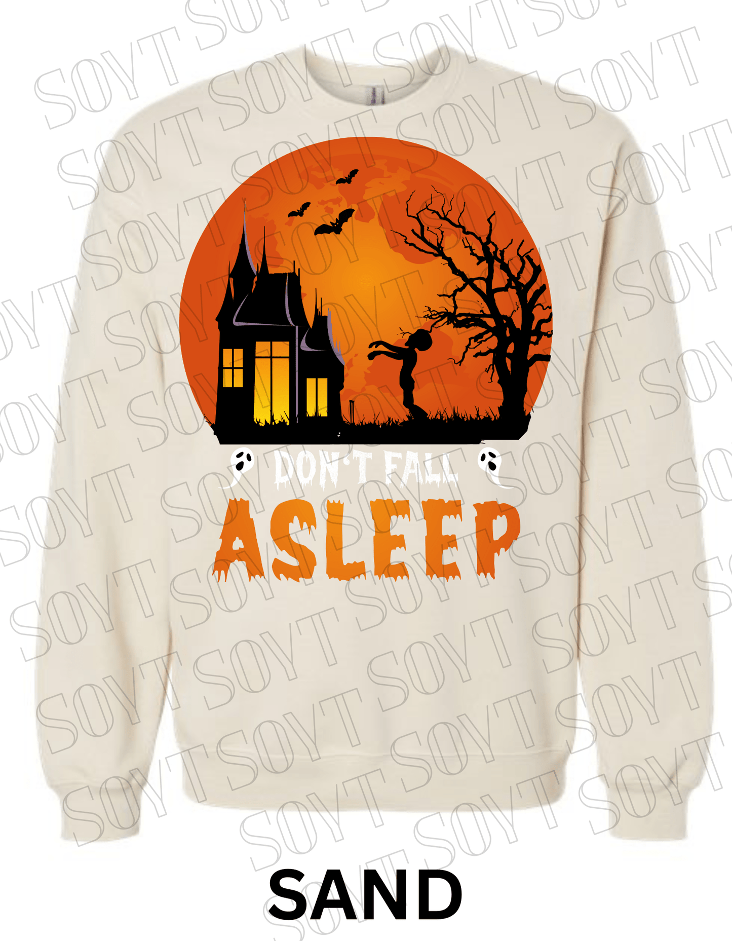 "Don’t Fall Asleep" Halloween Sweatshirt – Cozy Haunted House & Zombie Girl Graphic Pullover - Festive Apparel StoreSand