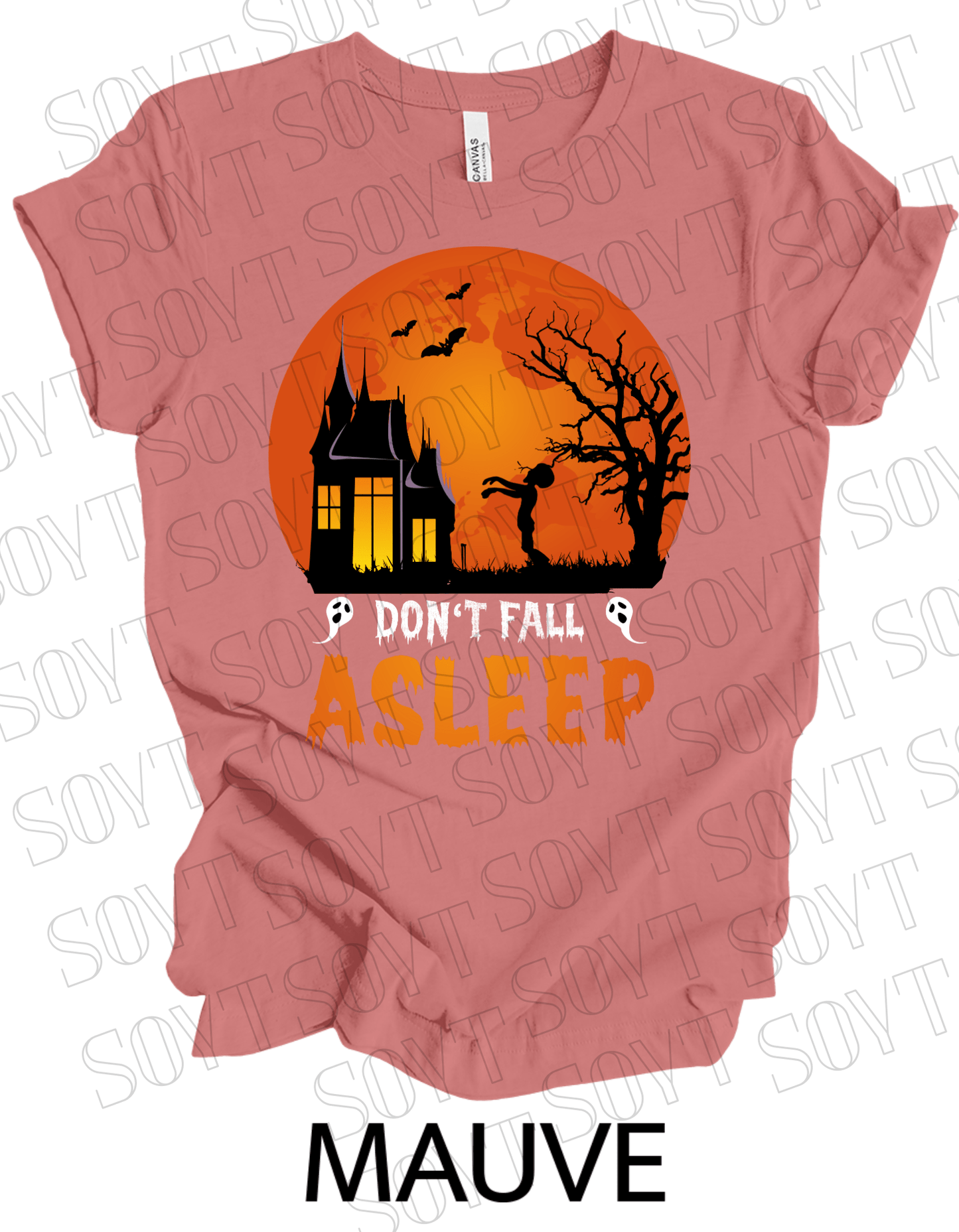 "Don’t Fall Asleep" Halloween T-Shirt – Haunted House & Zombie Girl Graphic Tee - Festive Apparel StoreMauve
