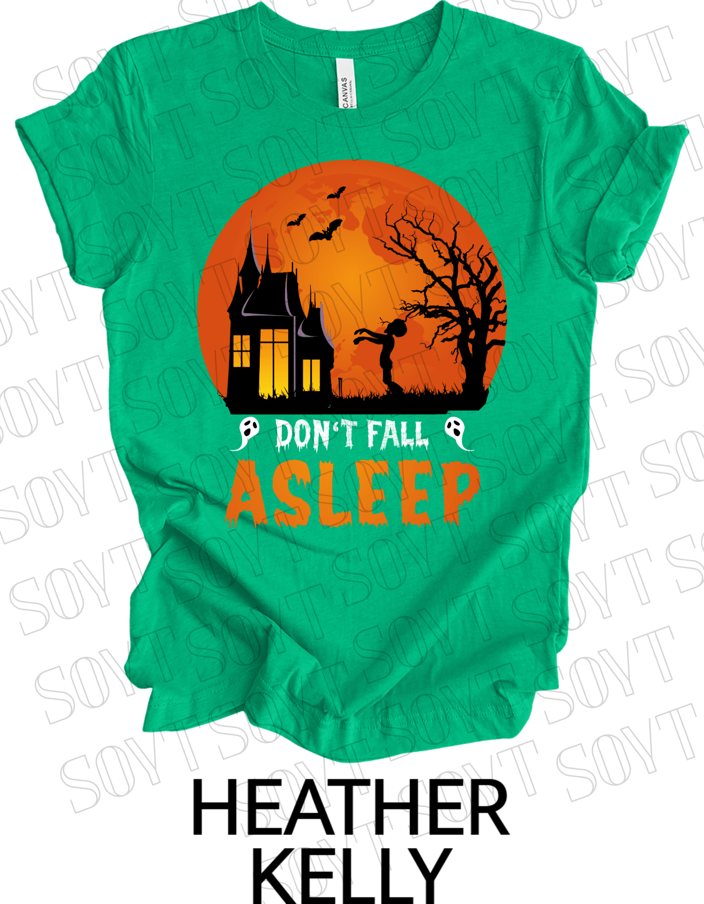 "Don’t Fall Asleep" Halloween T-Shirt – Haunted House & Zombie Girl Graphic Tee - Festive Apparel StoreHeather Kelly Green