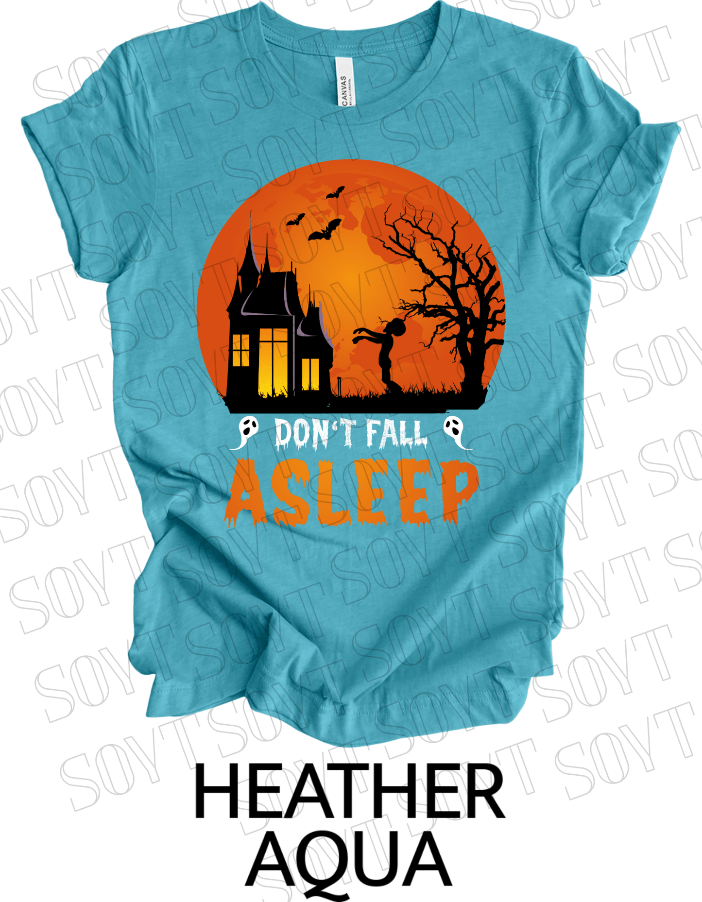 "Don’t Fall Asleep" Halloween T-Shirt – Haunted House & Zombie Girl Graphic Tee - Festive Apparel StoreHeather Aqua