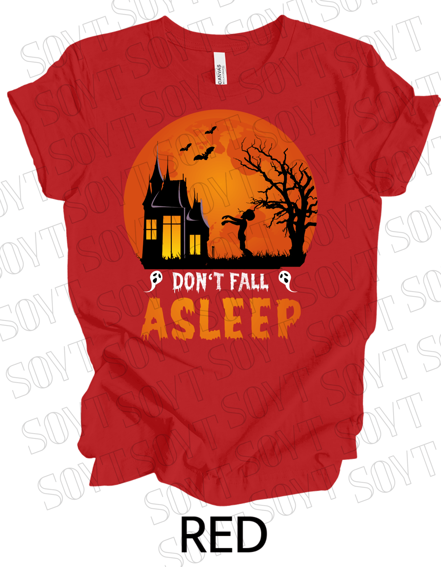 "Don’t Fall Asleep" Halloween T-Shirt – Haunted House & Zombie Girl Graphic Tee - Festive Apparel StoreRed