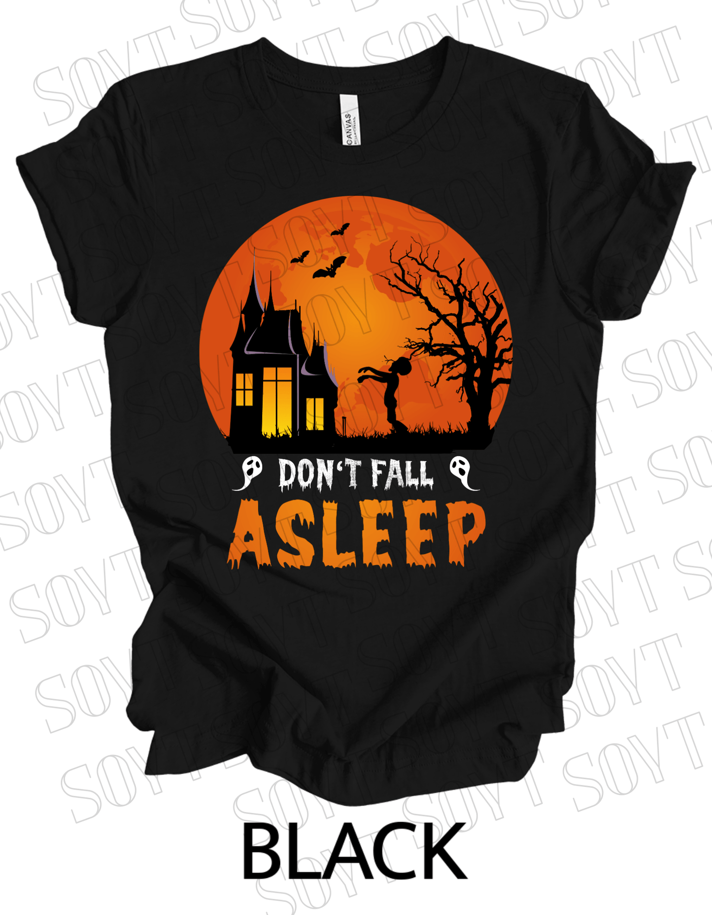 "Don’t Fall Asleep" Halloween T-Shirt – Haunted House & Zombie Girl Graphic Tee - Festive Apparel StoreBlack