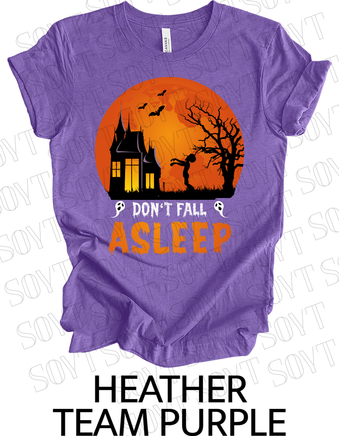 "Don’t Fall Asleep" Halloween T-Shirt – Haunted House & Zombie Girl Graphic Tee - Festive Apparel StoreHeather Purple