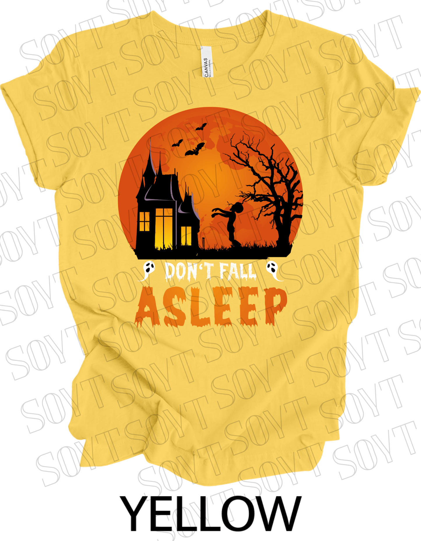 "Don’t Fall Asleep" Halloween T-Shirt – Haunted House & Zombie Girl Graphic Tee - Festive Apparel StoreYellow