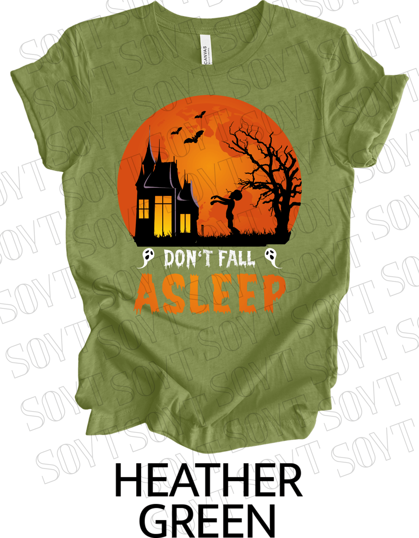 "Don’t Fall Asleep" Halloween T-Shirt – Haunted House & Zombie Girl Graphic Tee - Festive Apparel StoreHeather Green