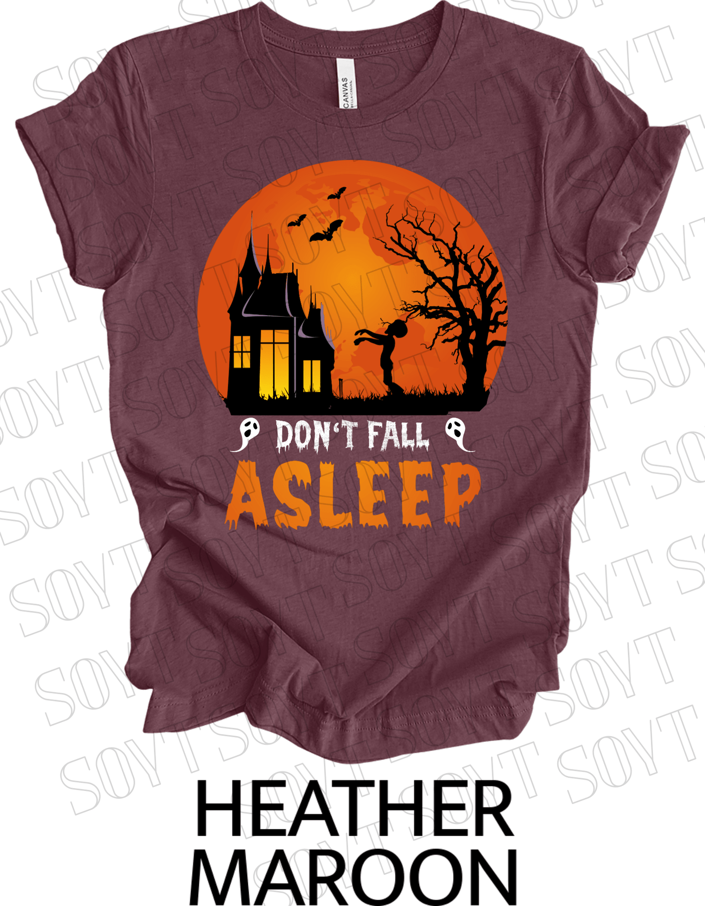 "Don’t Fall Asleep" Halloween T-Shirt – Haunted House & Zombie Girl Graphic Tee - Festive Apparel StoreHeather Maroon