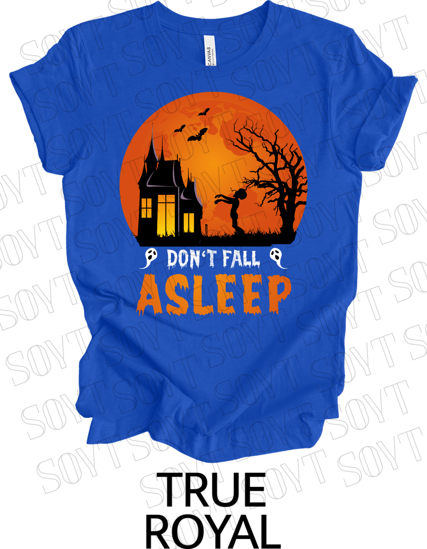 "Don’t Fall Asleep" Halloween T-Shirt – Haunted House & Zombie Girl Graphic Tee - Festive Apparel StoreRoyal Blue
