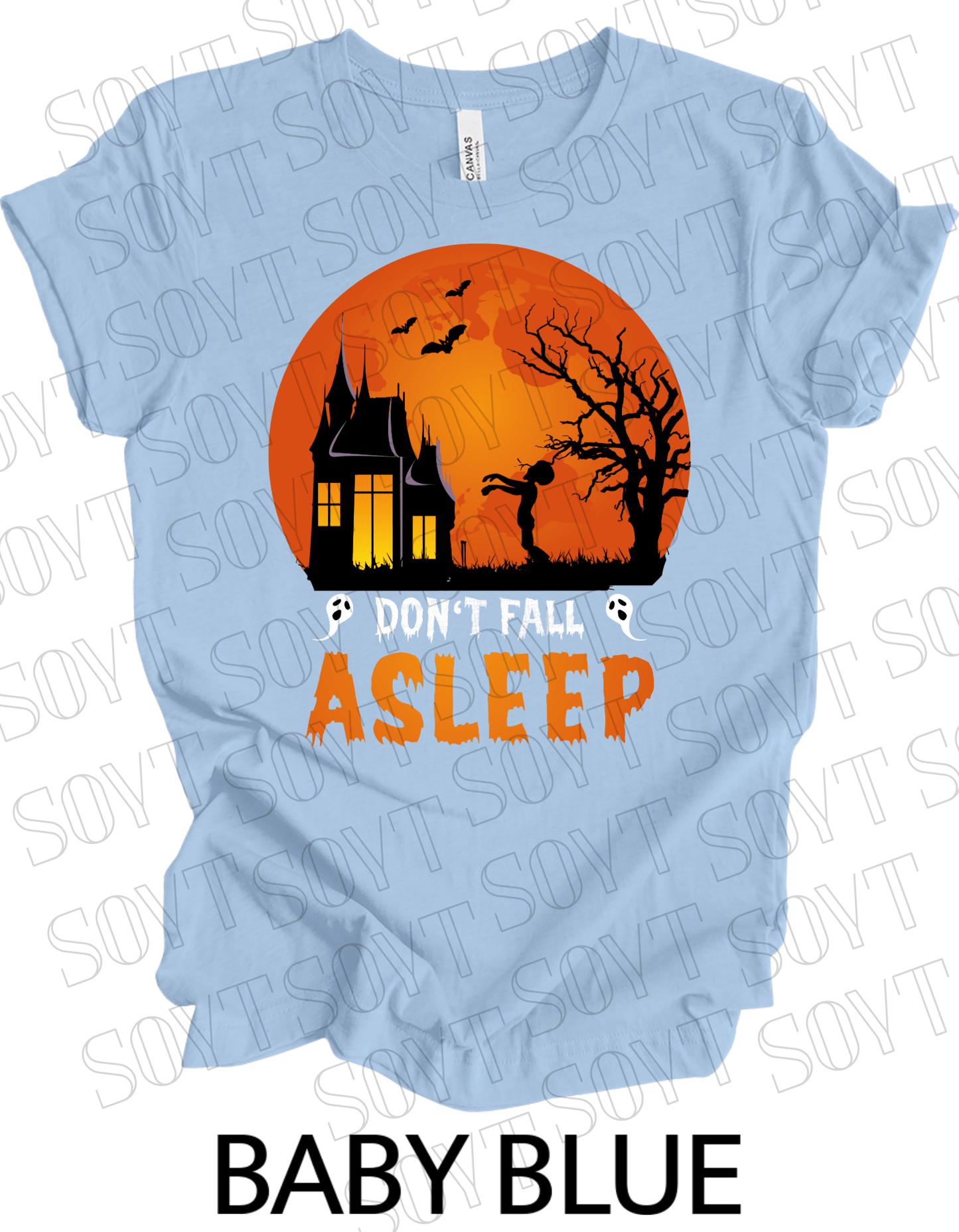 "Don’t Fall Asleep" Halloween T-Shirt – Haunted House & Zombie Girl Graphic Tee - Festive Apparel StoreBaby Blue