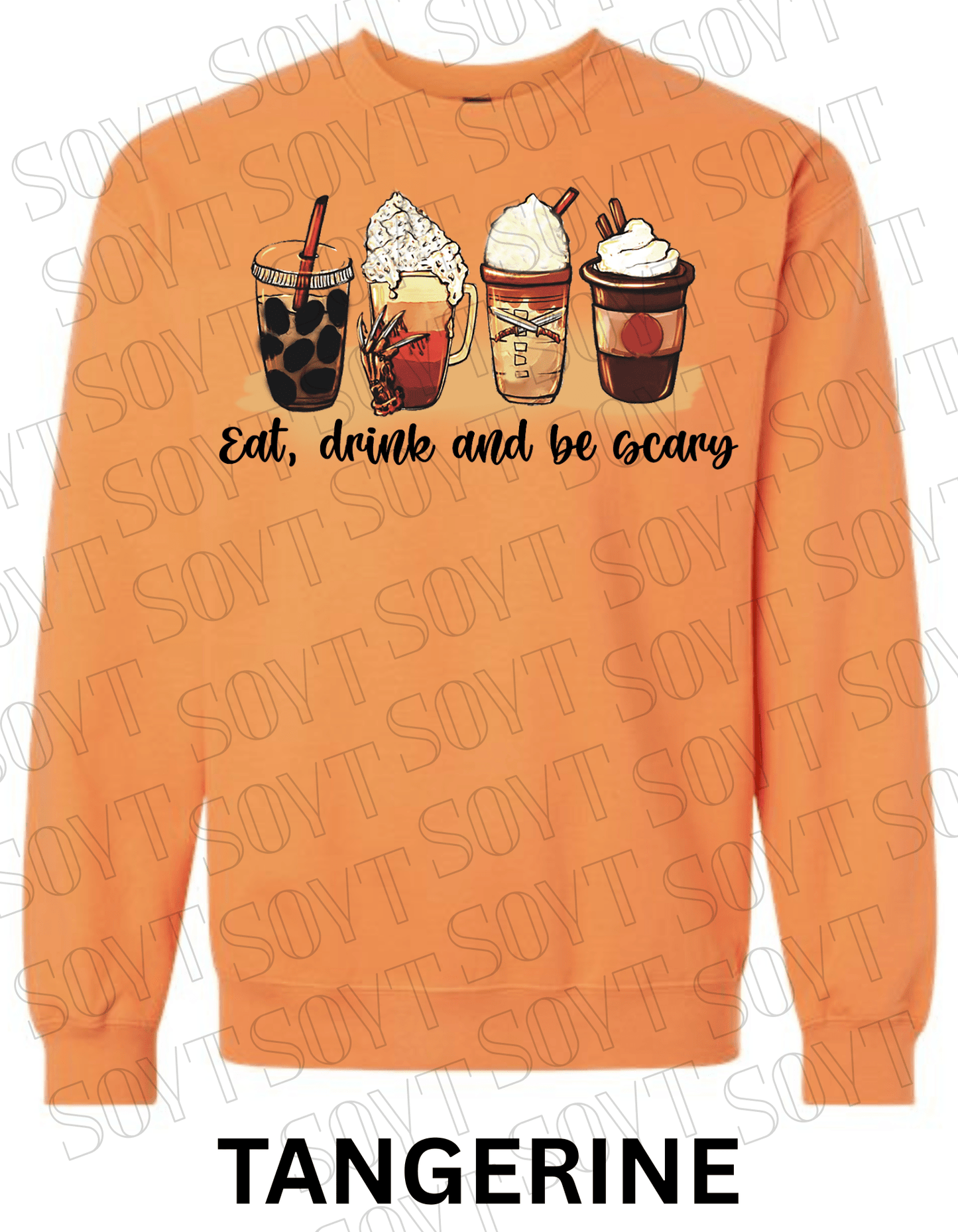 Eat, Drink and Be Scary Halloween Sweatshirt – Fall Coffee Cup Graphic Pullover - Festive Apparel StoreTangerine