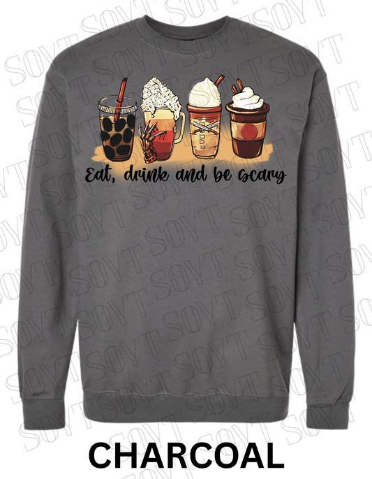 Eat, Drink and Be Scary Halloween Sweatshirt – Fall Coffee Cup Graphic Pullover - Festive Apparel StoreCharcoal