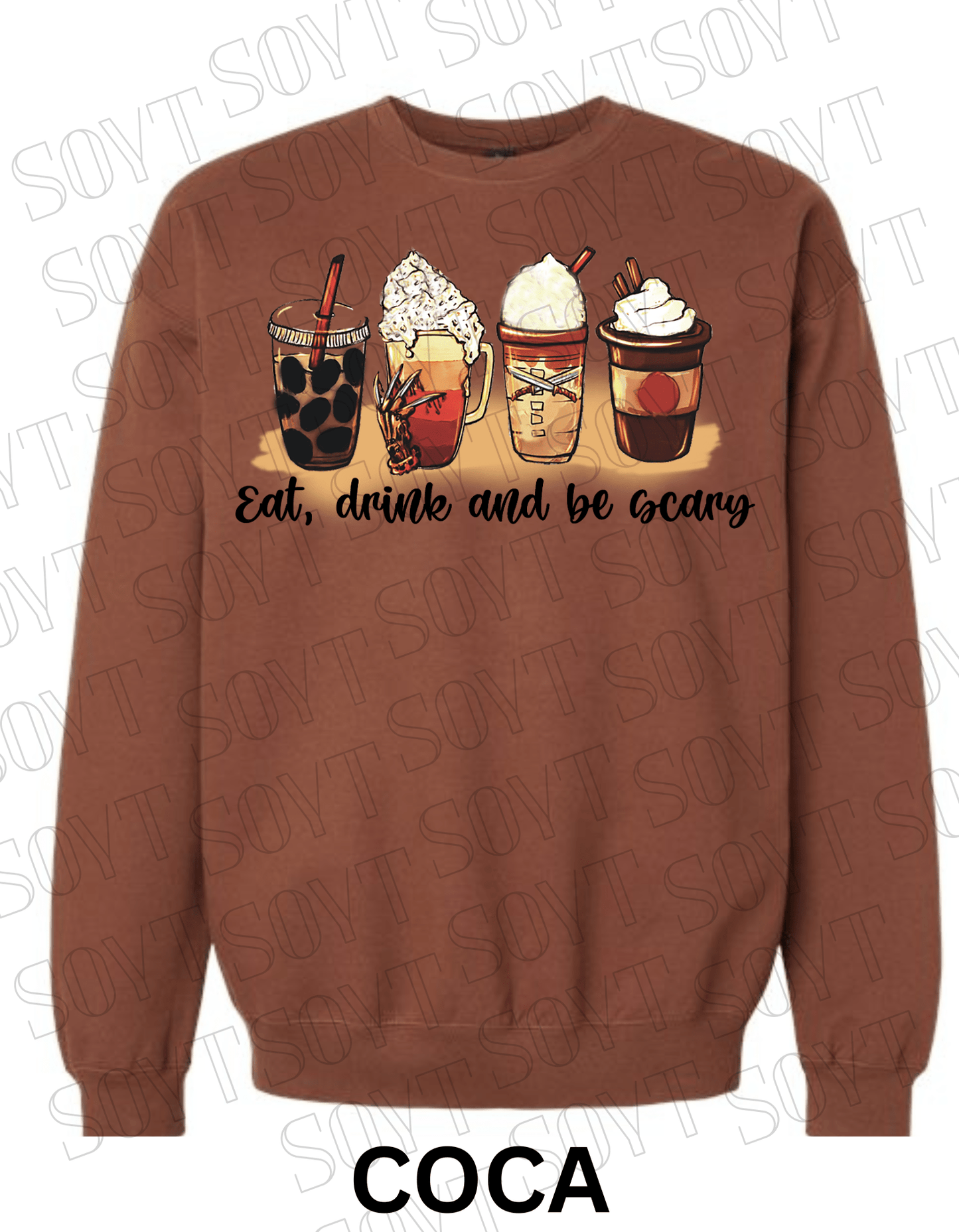Eat, Drink and Be Scary Halloween Sweatshirt – Fall Coffee Cup Graphic Pullover - Festive Apparel StoreCocoa Brown