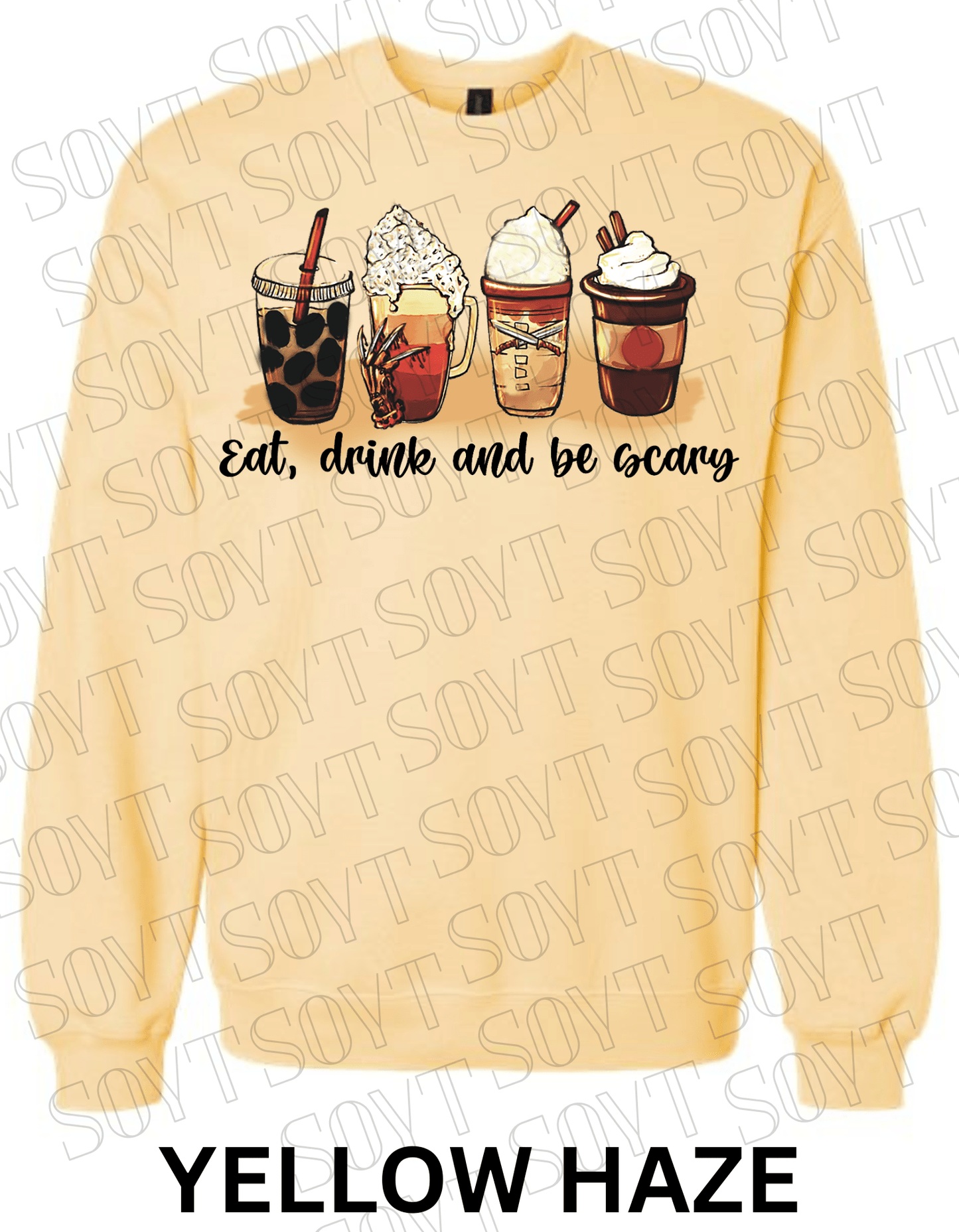 Eat, Drink and Be Scary Halloween Sweatshirt – Fall Coffee Cup Graphic Pullover - Festive Apparel StoreYellow Haze