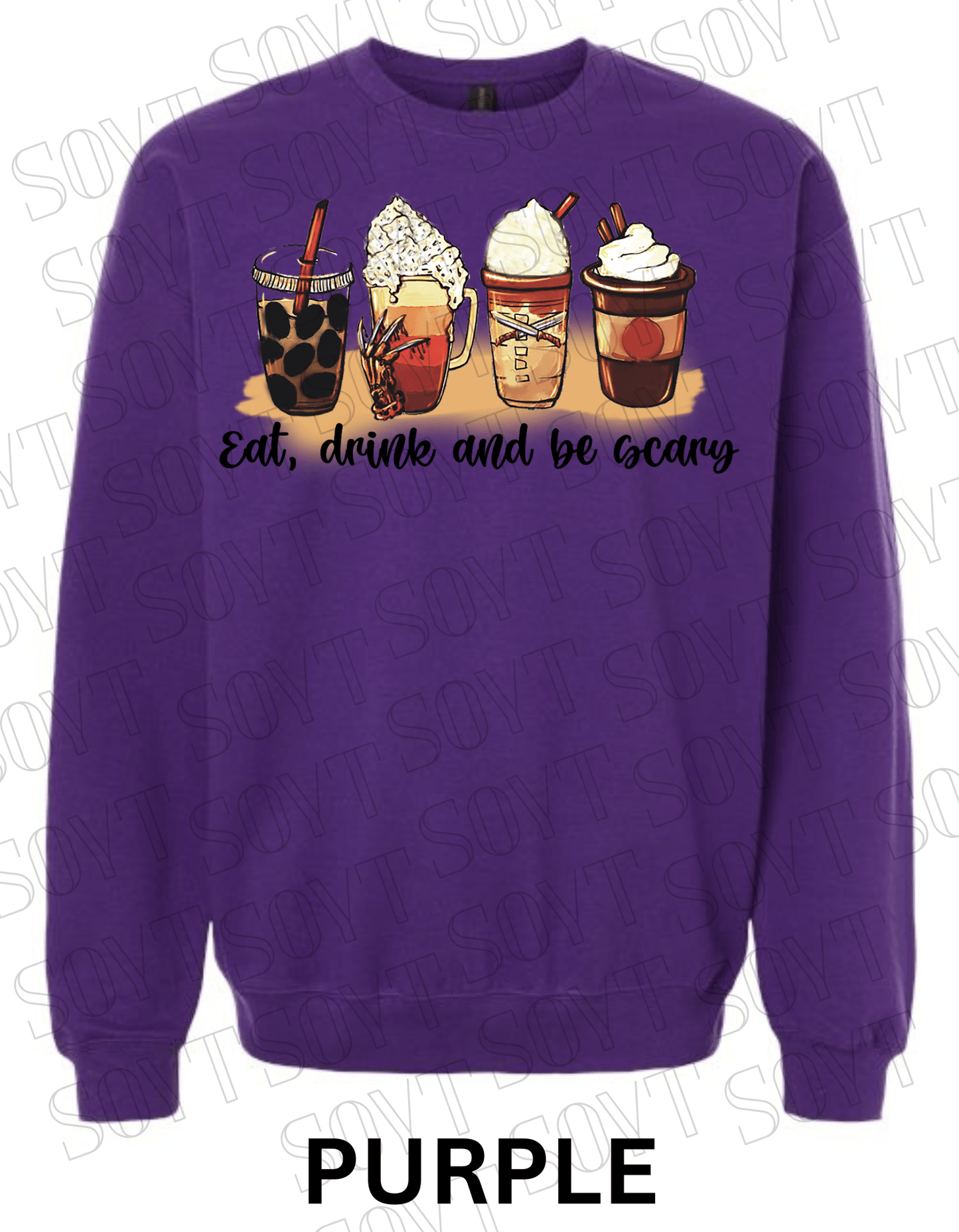 Eat, Drink and Be Scary Halloween Sweatshirt – Fall Coffee Cup Graphic Pullover - Festive Apparel StorePurple