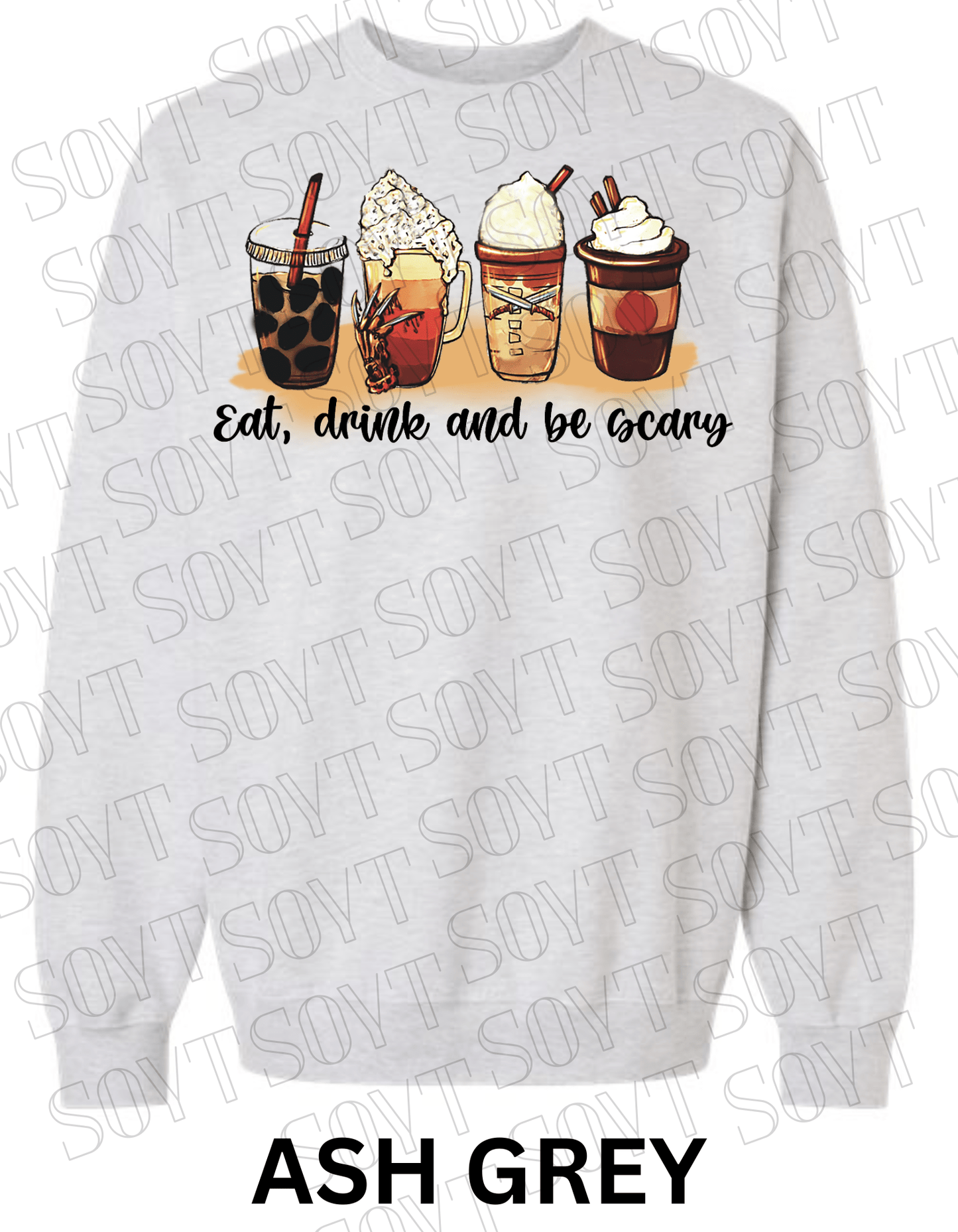 Eat, Drink and Be Scary Halloween Sweatshirt – Fall Coffee Cup Graphic Pullover - Festive Apparel StoreAsh Grey