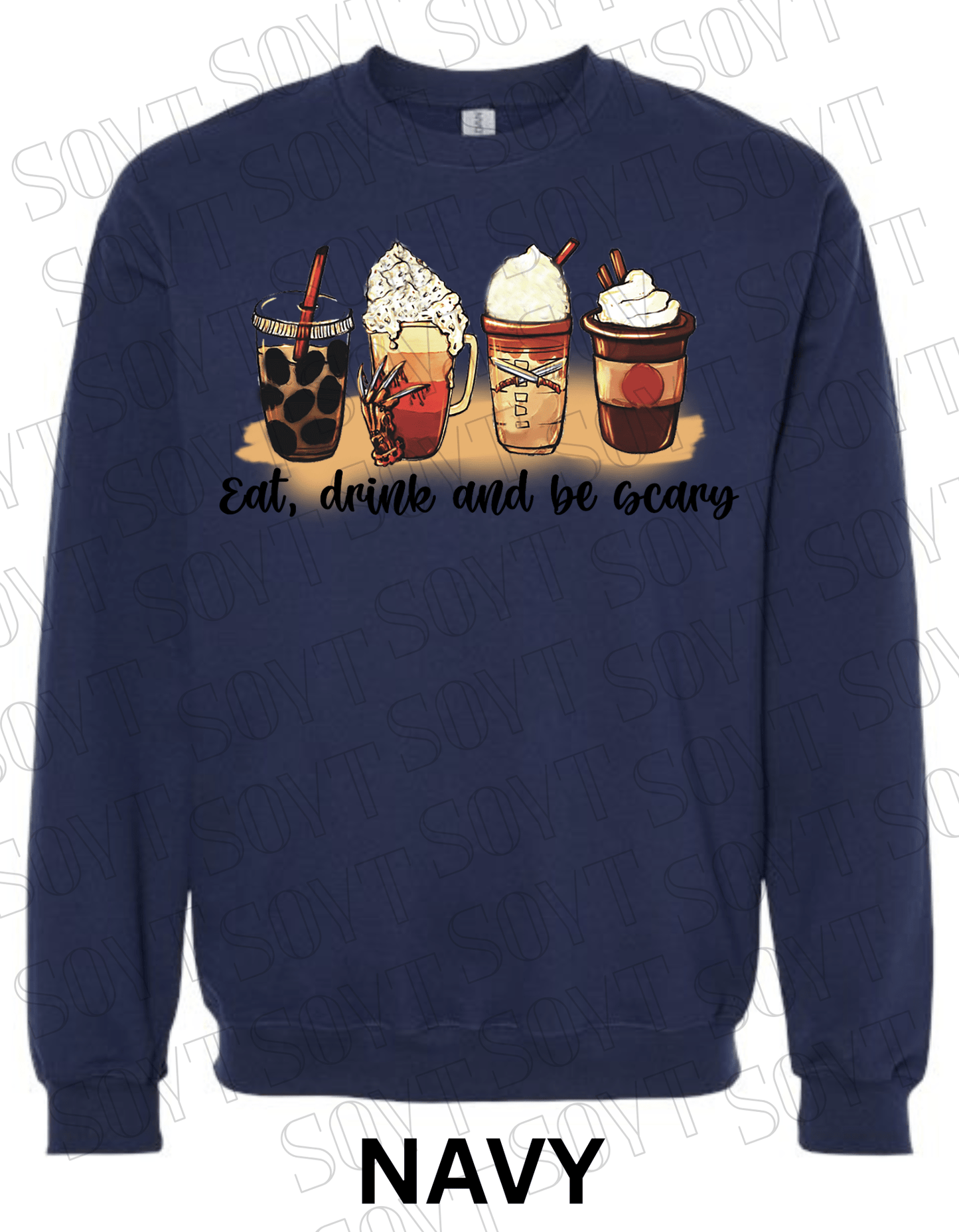 Eat, Drink and Be Scary Halloween Sweatshirt – Fall Coffee Cup Graphic Pullover - Festive Apparel StoreNavy Blue